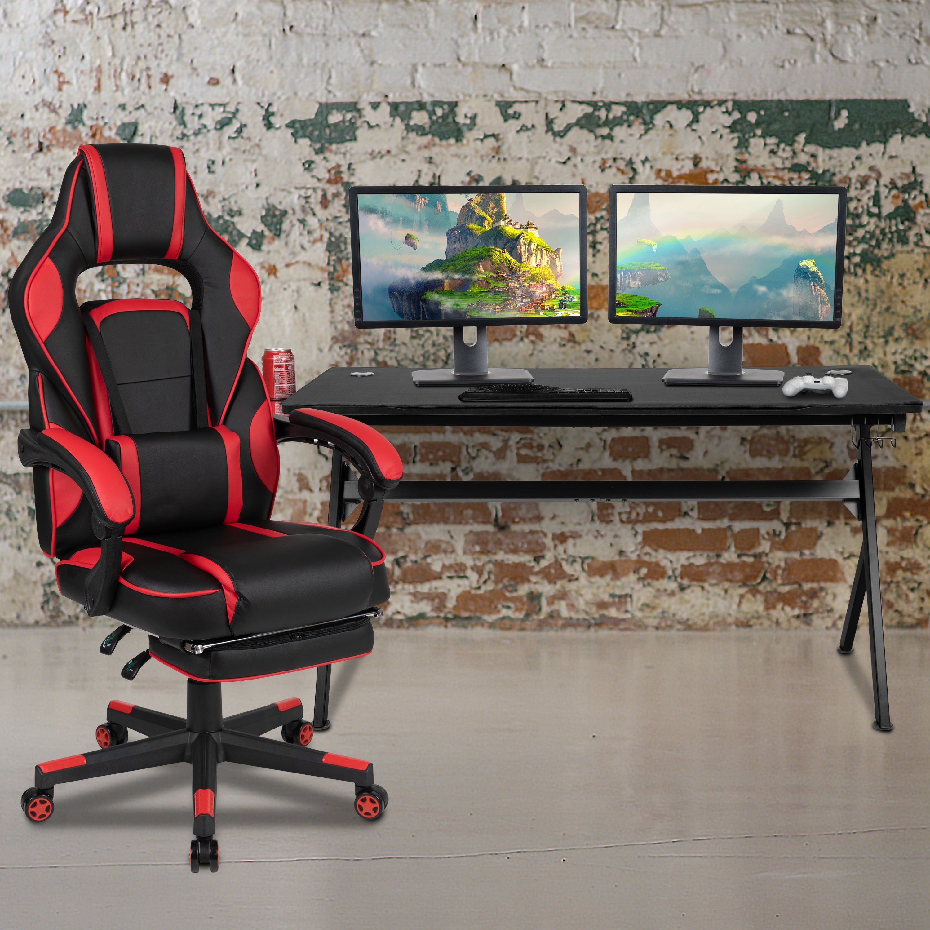 Gaming Desk with Cup Holder/Headphone Hook/Removable Mousepad Top & Reclining Back/Arms Gaming Chair with Footrest