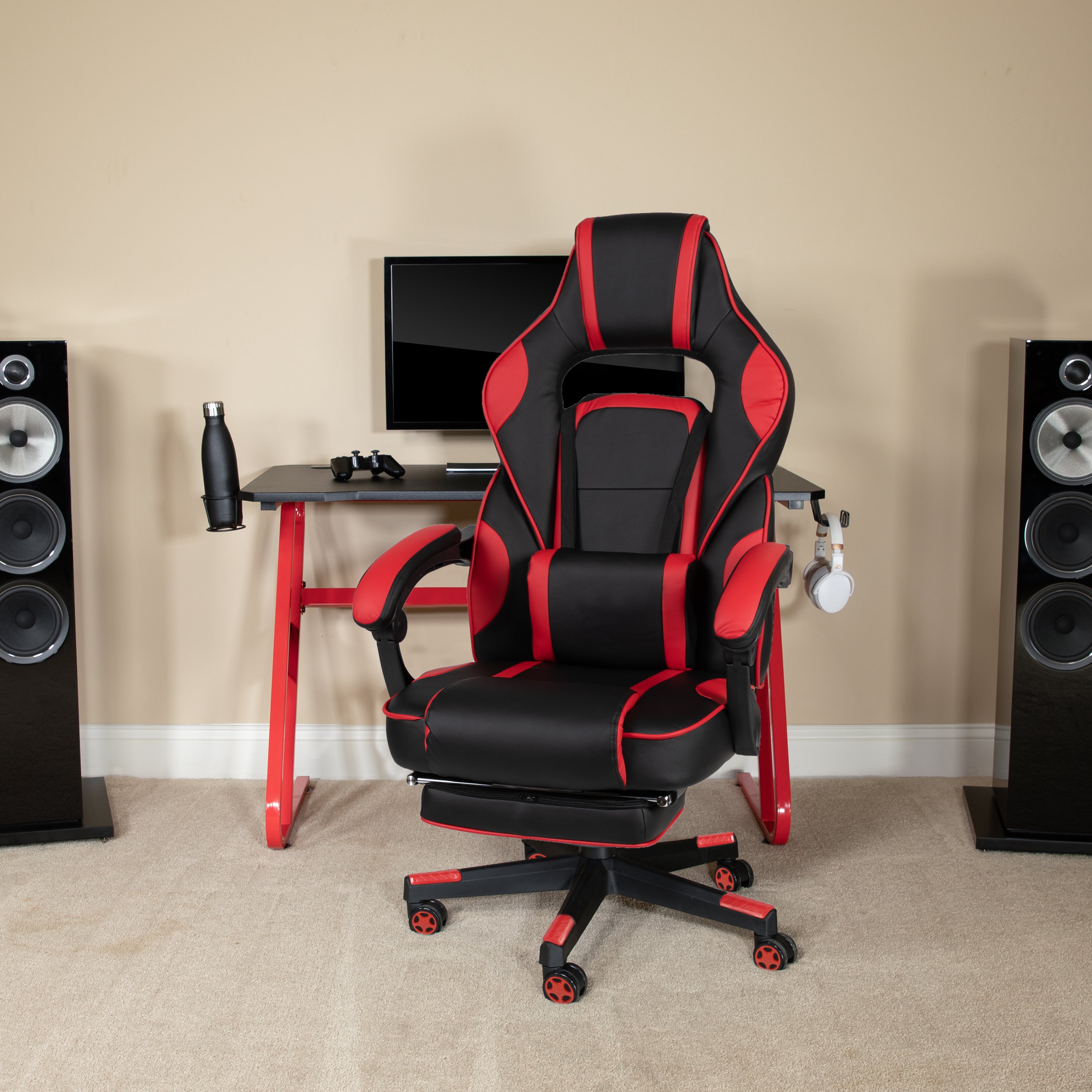 Gaming Desk with Cup Holder/Headphone Hook & Reclining Back/Arms Gaming Chair with Footrest