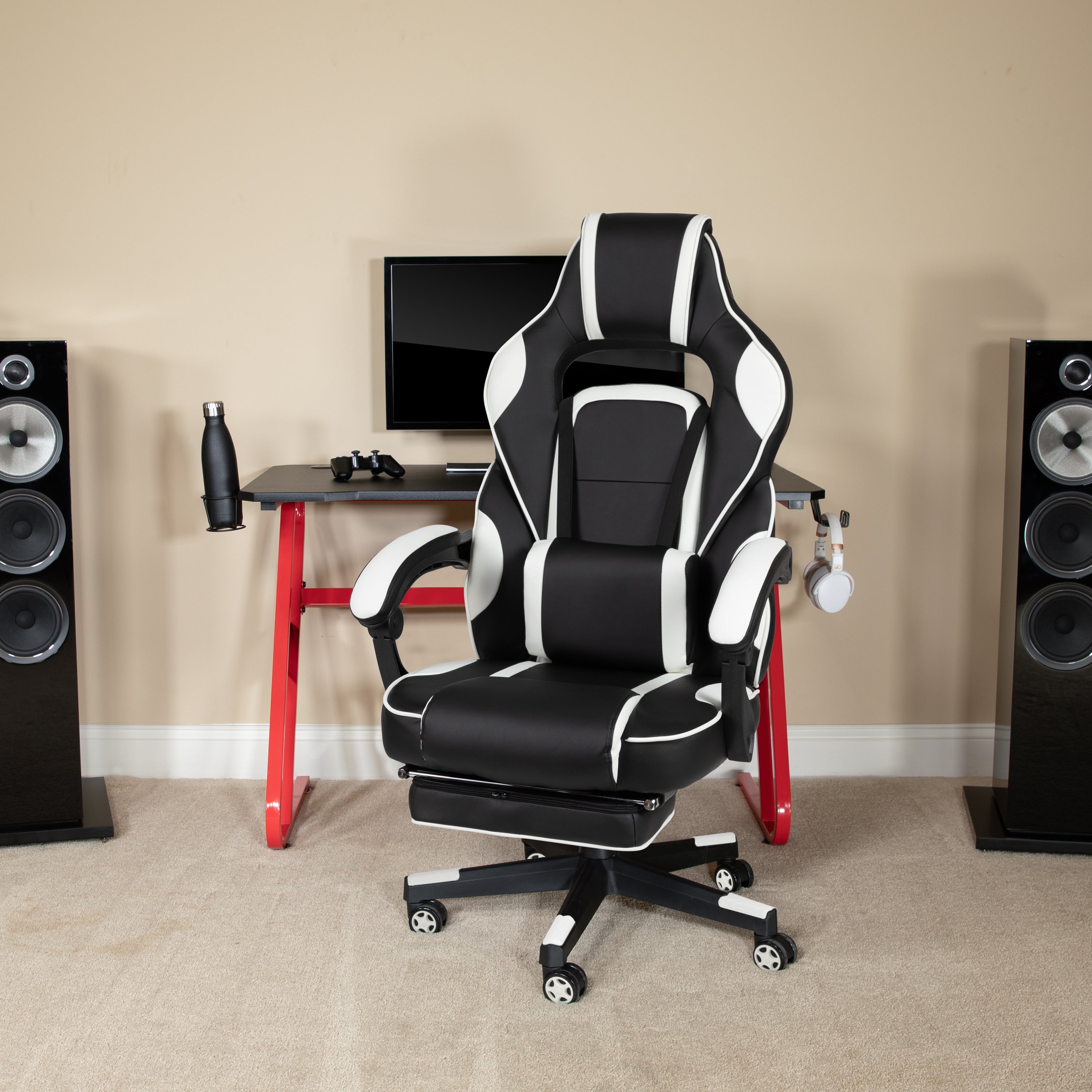 Gaming Desk with Cup Holder/Headphone Hook & Reclining Back/Arms Gaming Chair with Footrest