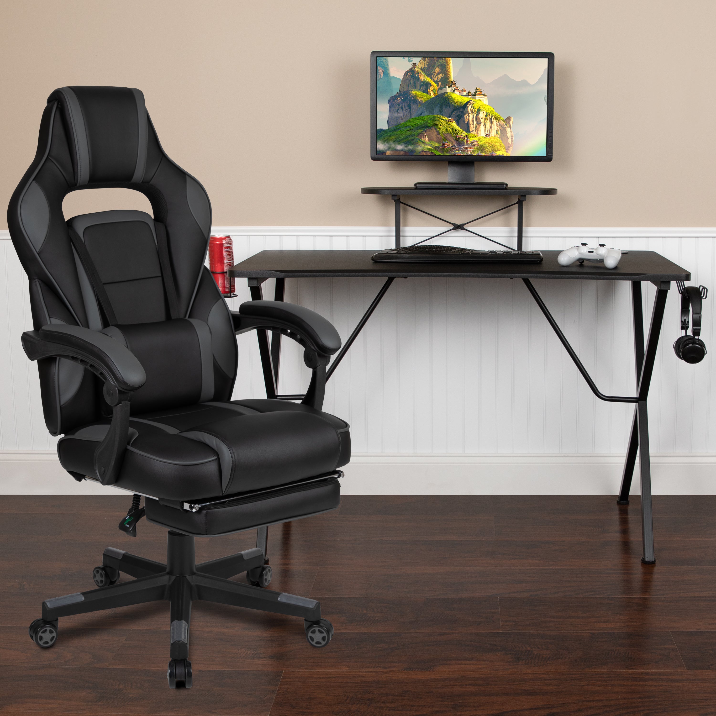 Gaming Desk with Cup Holder/Headphone Hook/Monitor Stand & Reclining Back/Arms Gaming Chair with Footrest