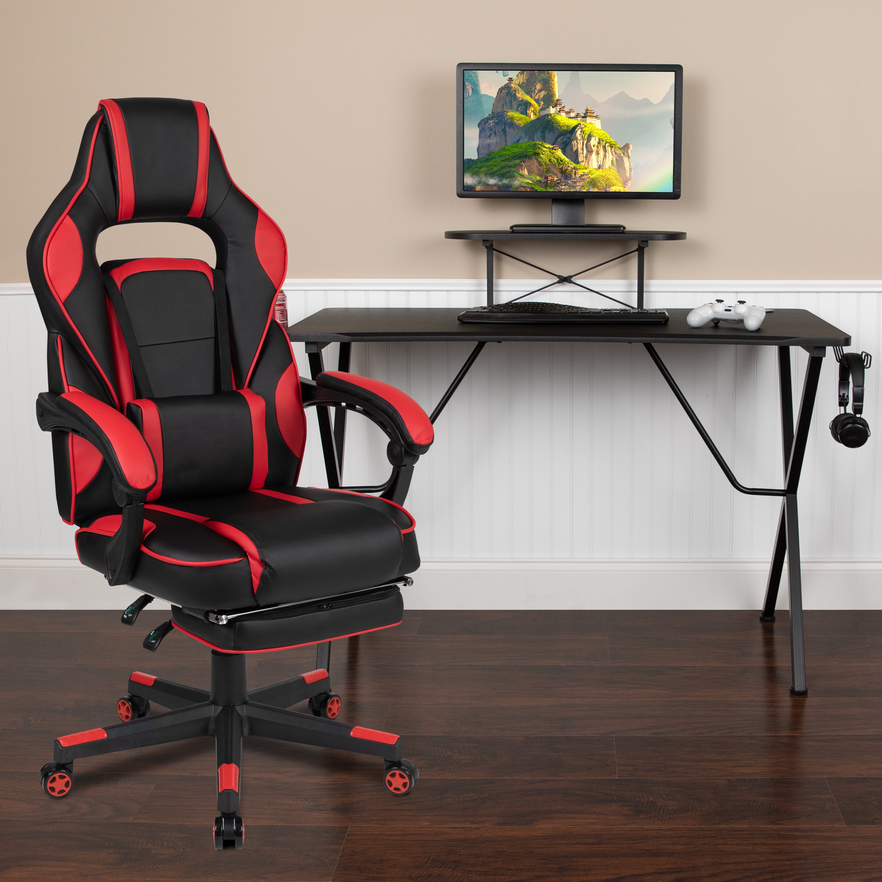 Gaming Desk with Cup Holder/Headphone Hook/Monitor Stand & Reclining Back/Arms Gaming Chair with Footrest