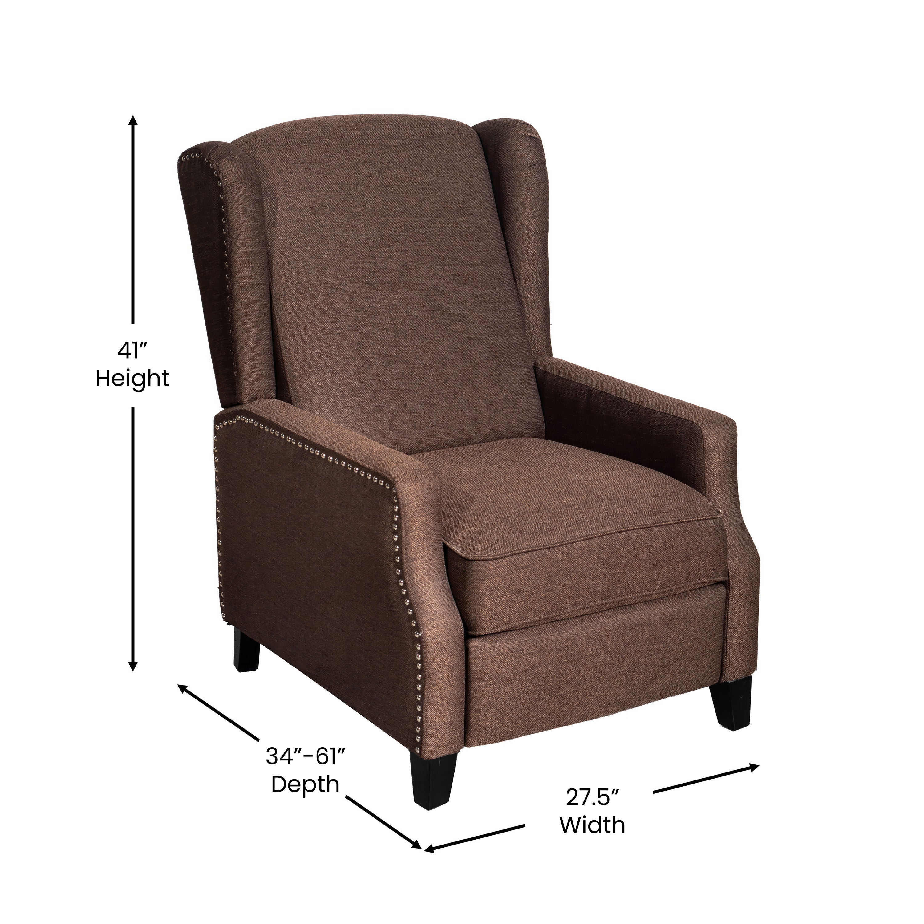 Prescott Traditional Style Slim Push Back Recliner Chair-Wingback Recliner with Polyester Fabric Upholstery-Accent Nail Trim