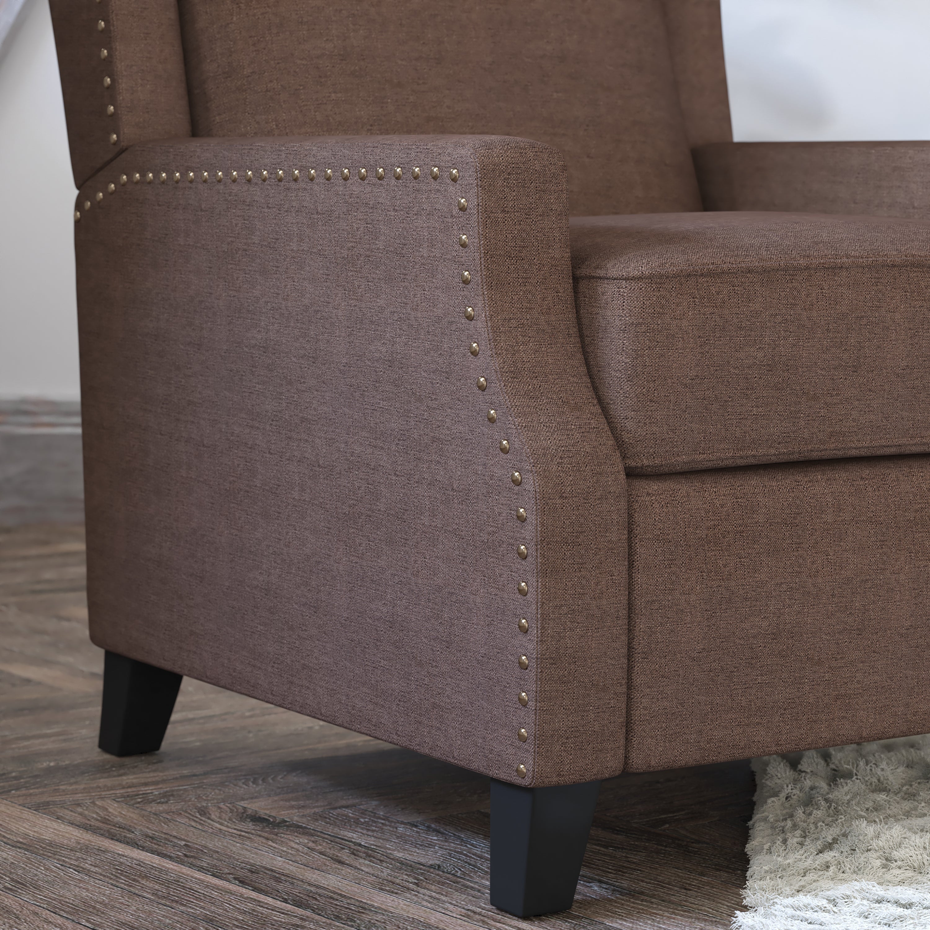 Prescott Traditional Style Slim Push Back Recliner Chair-Wingback Recliner with Polyester Fabric Upholstery-Accent Nail Trim