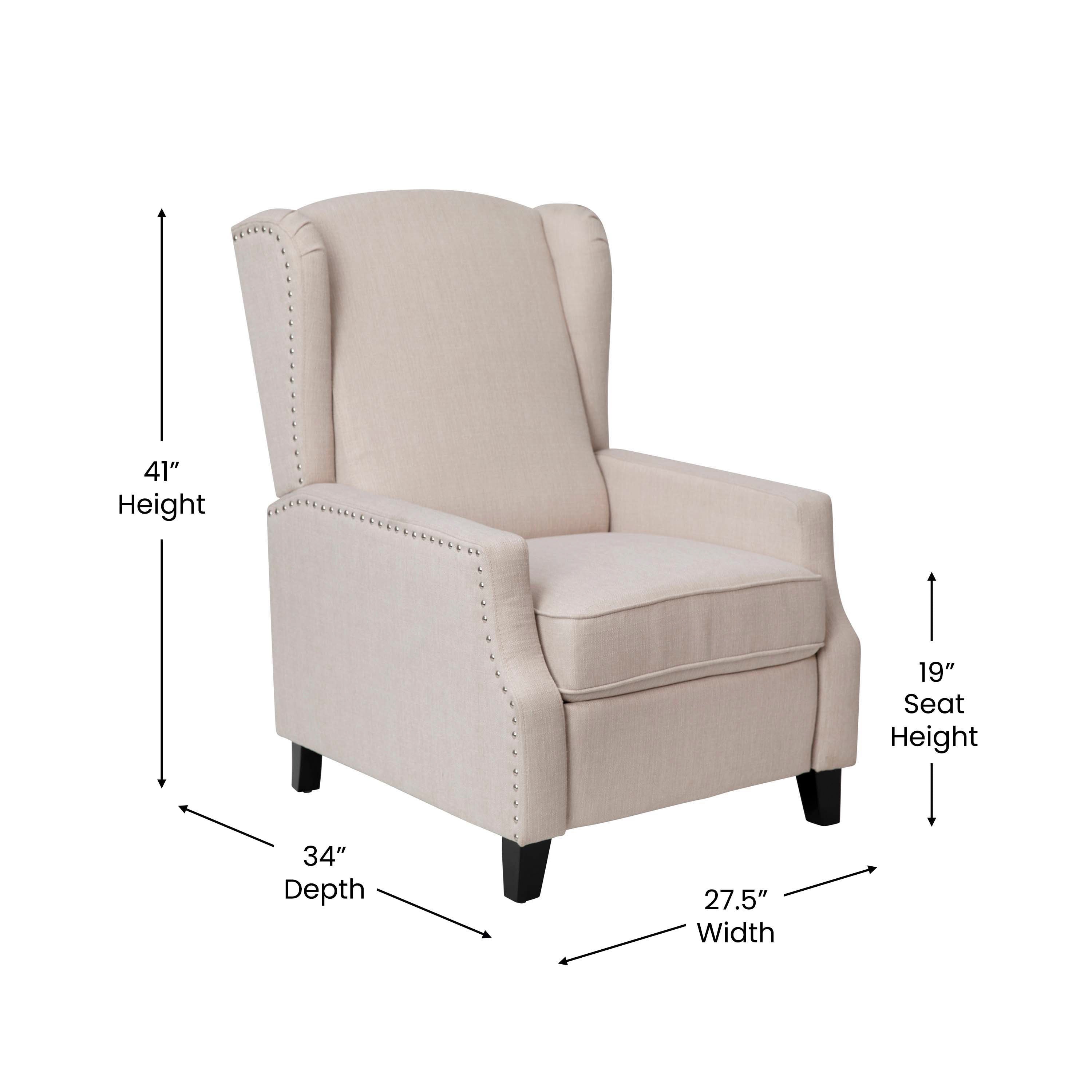 Prescott Traditional Style Slim Push Back Recliner Chair-Wingback Recliner with Polyester Fabric Upholstery-Accent Nail Trim