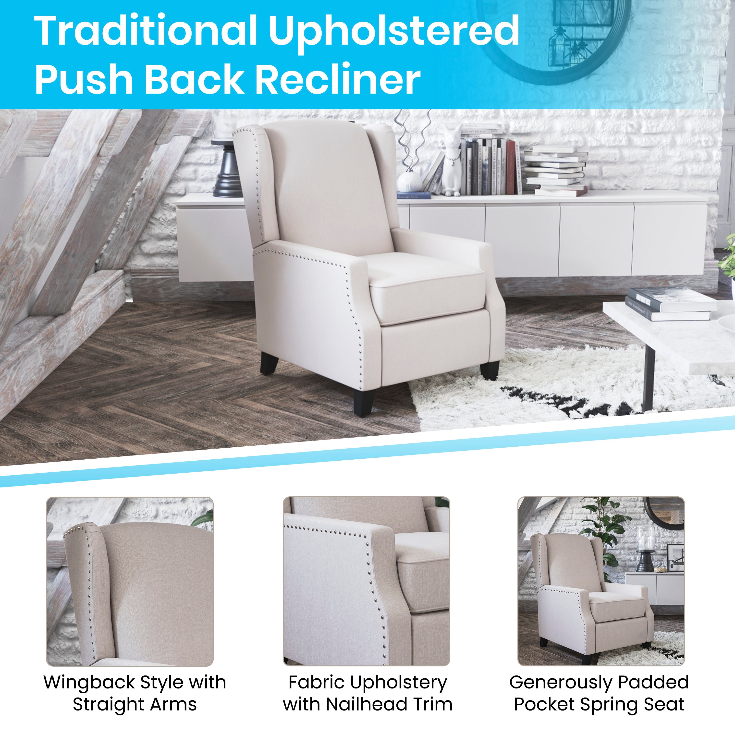 Prescott Traditional Style Slim Push Back Recliner Chair-Wingback Recliner with Polyester Fabric Upholstery-Accent Nail Trim