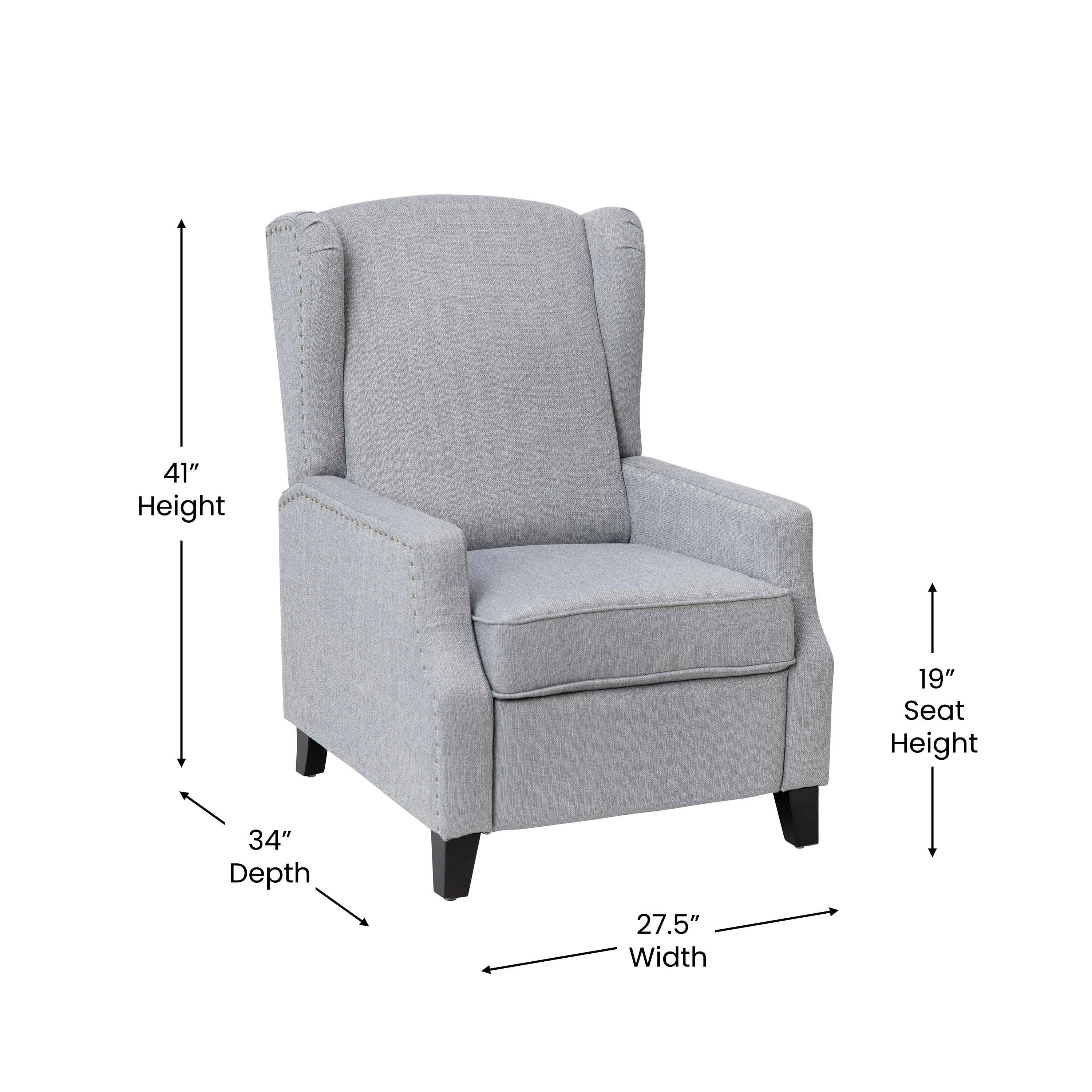 Prescott Traditional Style Slim Push Back Recliner Chair-Wingback Recliner with Polyester Fabric Upholstery-Accent Nail Trim