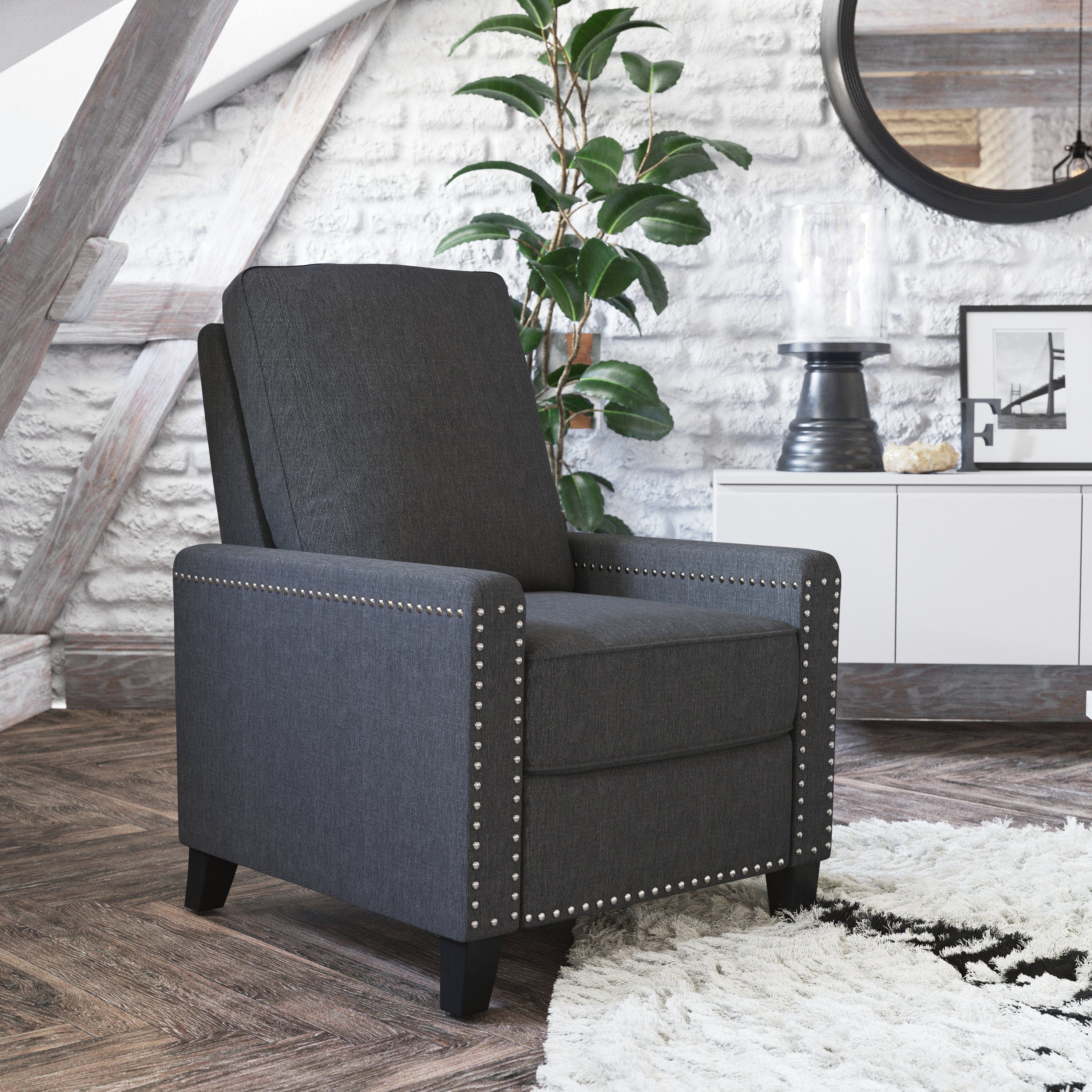 Carson Transitional Style Push Back Recliner Chair - Pillow Back Recliner - Polyester Fabric Upholstery - Accent Nail Trim