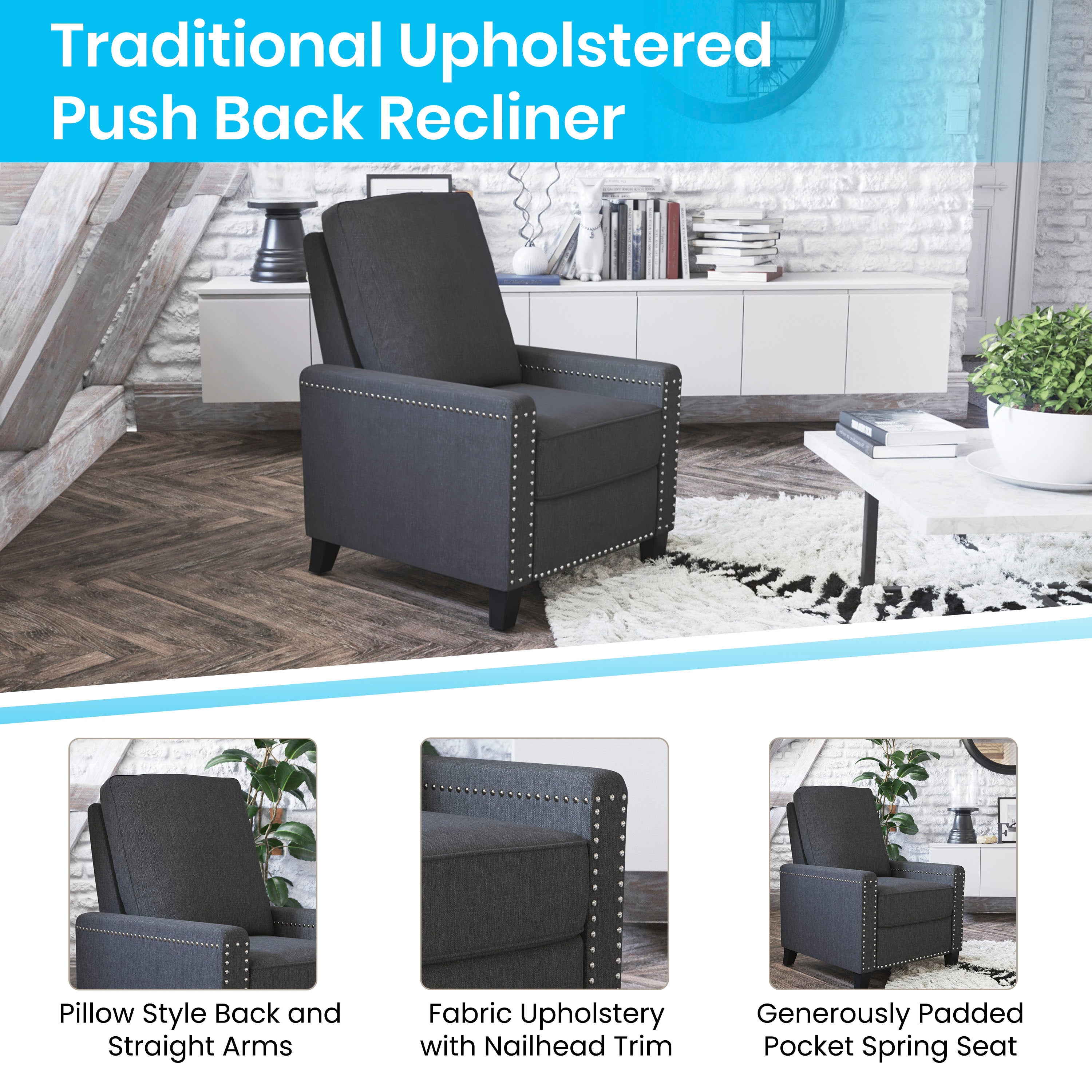 Carson Transitional Style Push Back Recliner Chair - Pillow Back Recliner - Polyester Fabric Upholstery - Accent Nail Trim