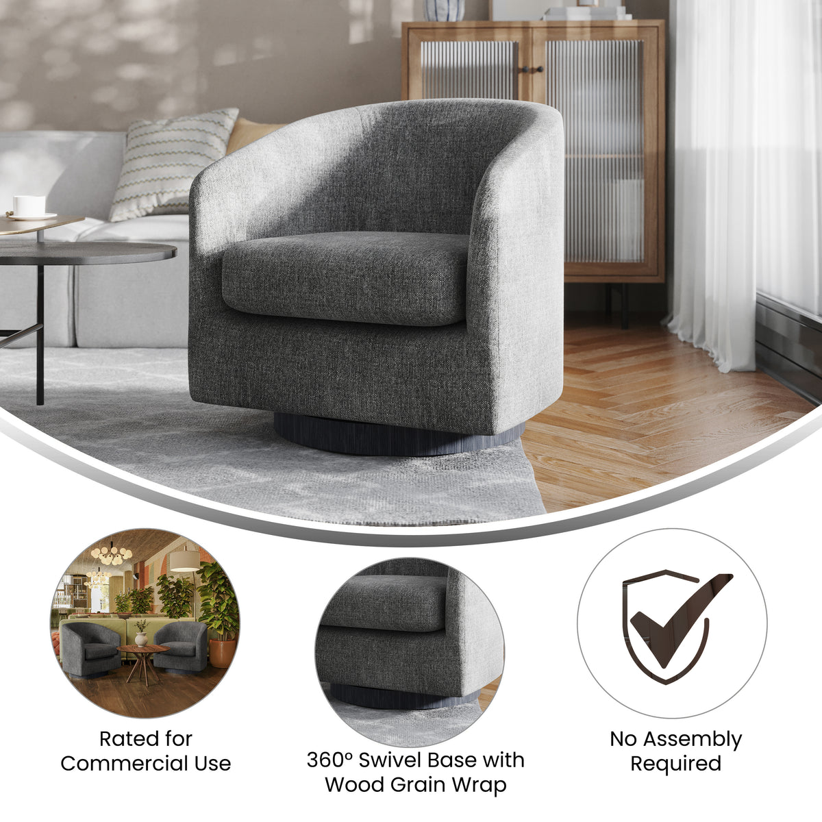 Landon Club Style Commercial Barrel Accent Armchair with 360 Degree Swivel Metal Base and Sloped Armrests