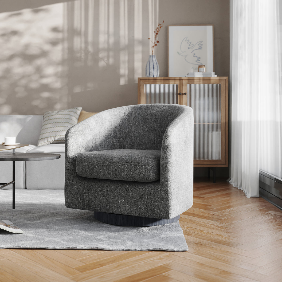 Landon Club Style Commercial Barrel Accent Armchair with 360 Degree Swivel Metal Base and Sloped Armrests