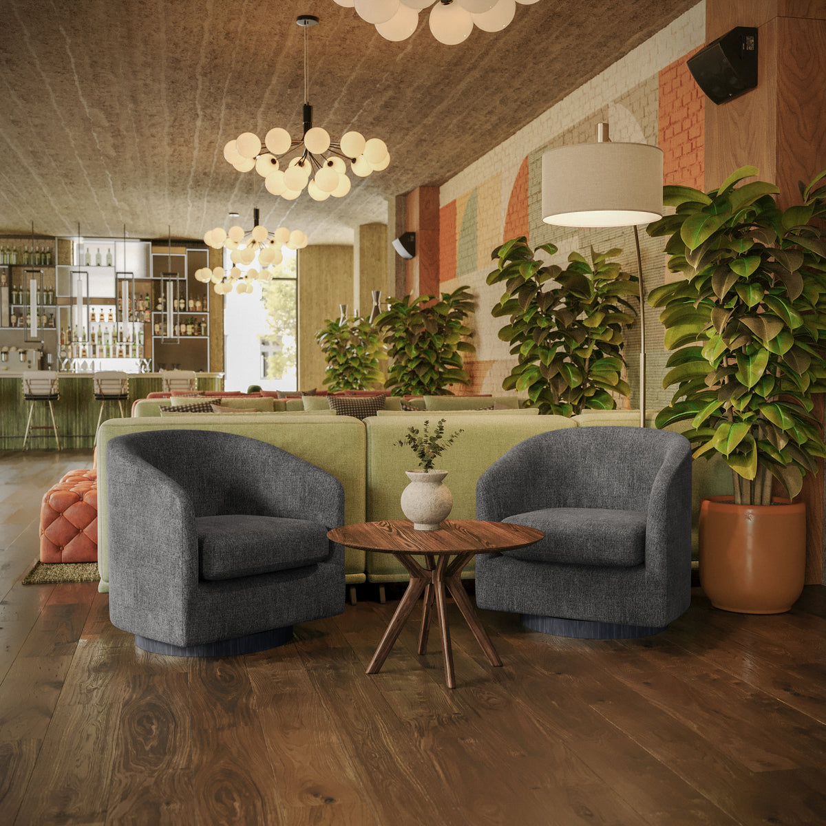 Landon Club Style Commercial Barrel Accent Armchair with 360 Degree Swivel Metal Base and Sloped Armrests