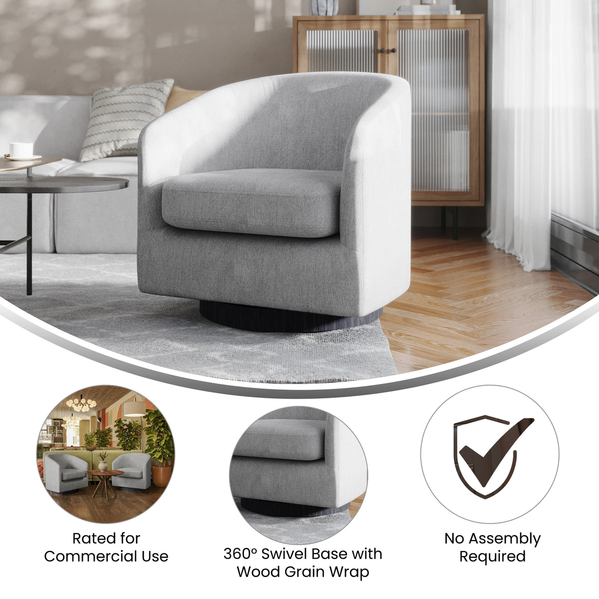 Landon Club Style Commercial Barrel Accent Armchair with 360 Degree Swivel Metal Base and Sloped Armrests