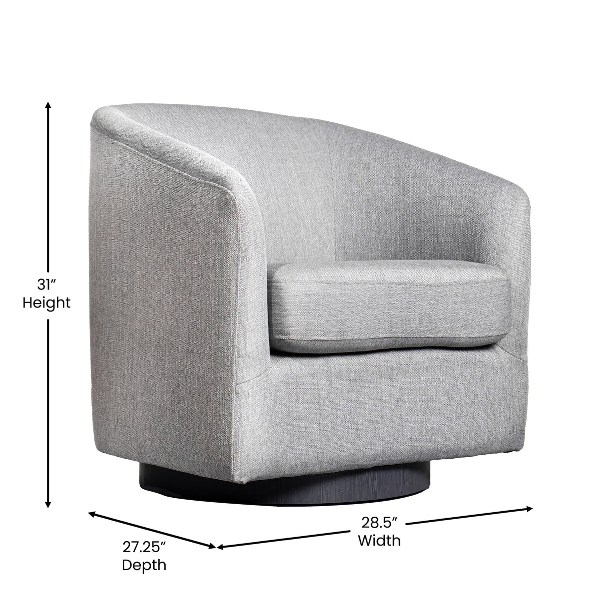 Landon Club Style Commercial Barrel Accent Armchair with 360 Degree Swivel Metal Base and Sloped Armrests