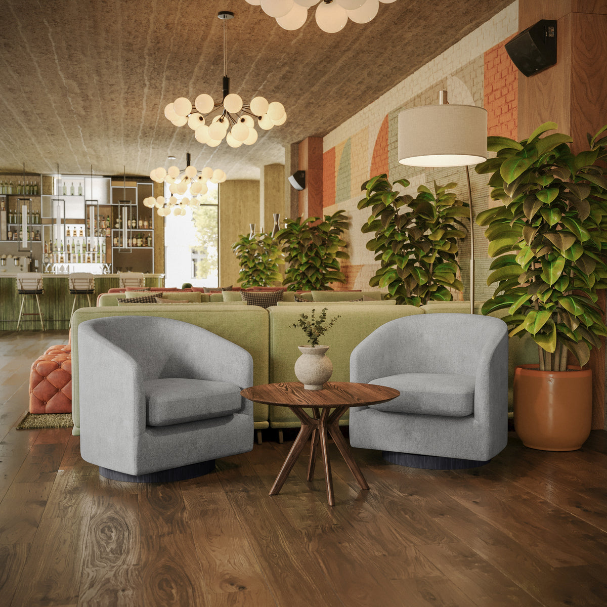Landon Club Style Commercial Barrel Accent Armchair with 360 Degree Swivel Metal Base and Sloped Armrests