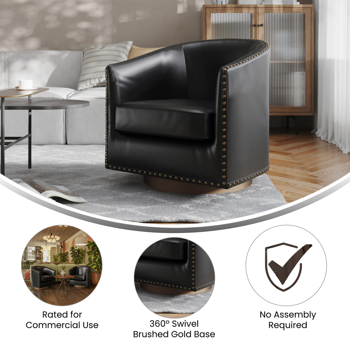 Myles Club Style Commercial Barrel Accent Armchair with 360° Swivel Metal Base and Upholstery with Decorative Nail Head Trim