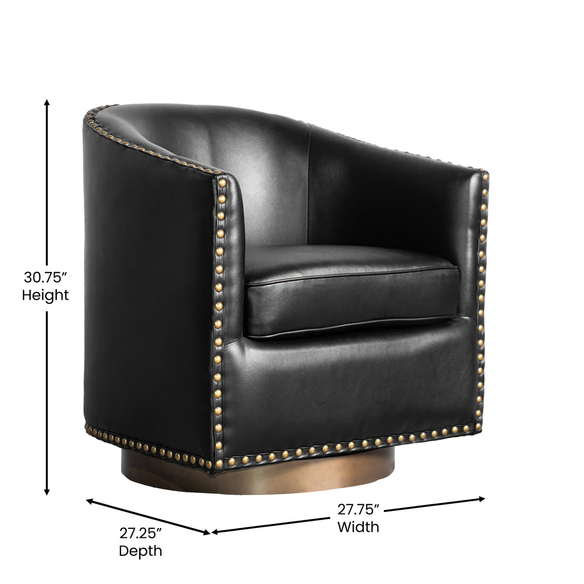 Myles Club Style Commercial Barrel Accent Armchair with 360° Swivel Metal Base and Upholstery with Decorative Nail Head Trim