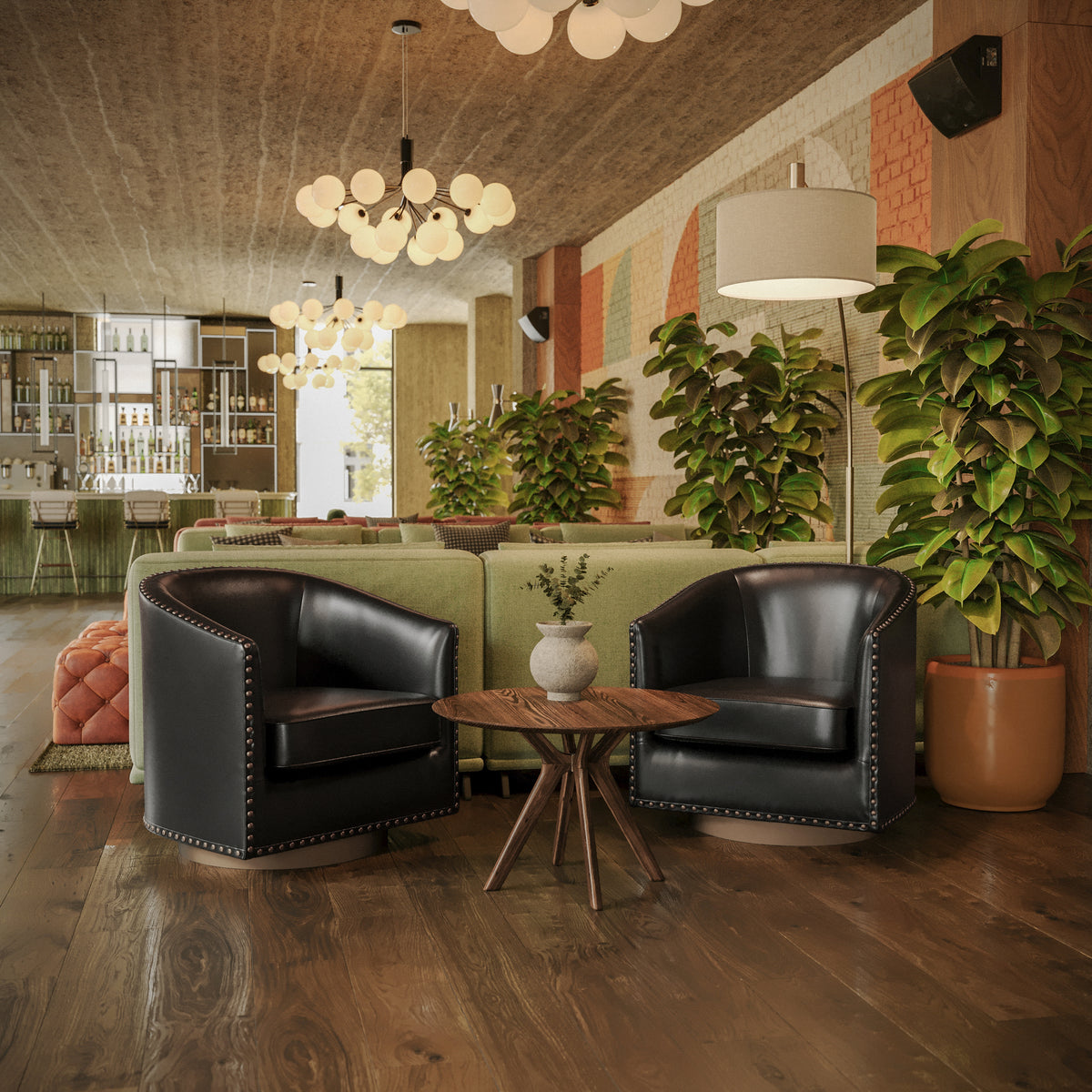 Myles Club Style Commercial Barrel Accent Armchair with 360° Swivel Metal Base and Upholstery with Decorative Nail Head Trim