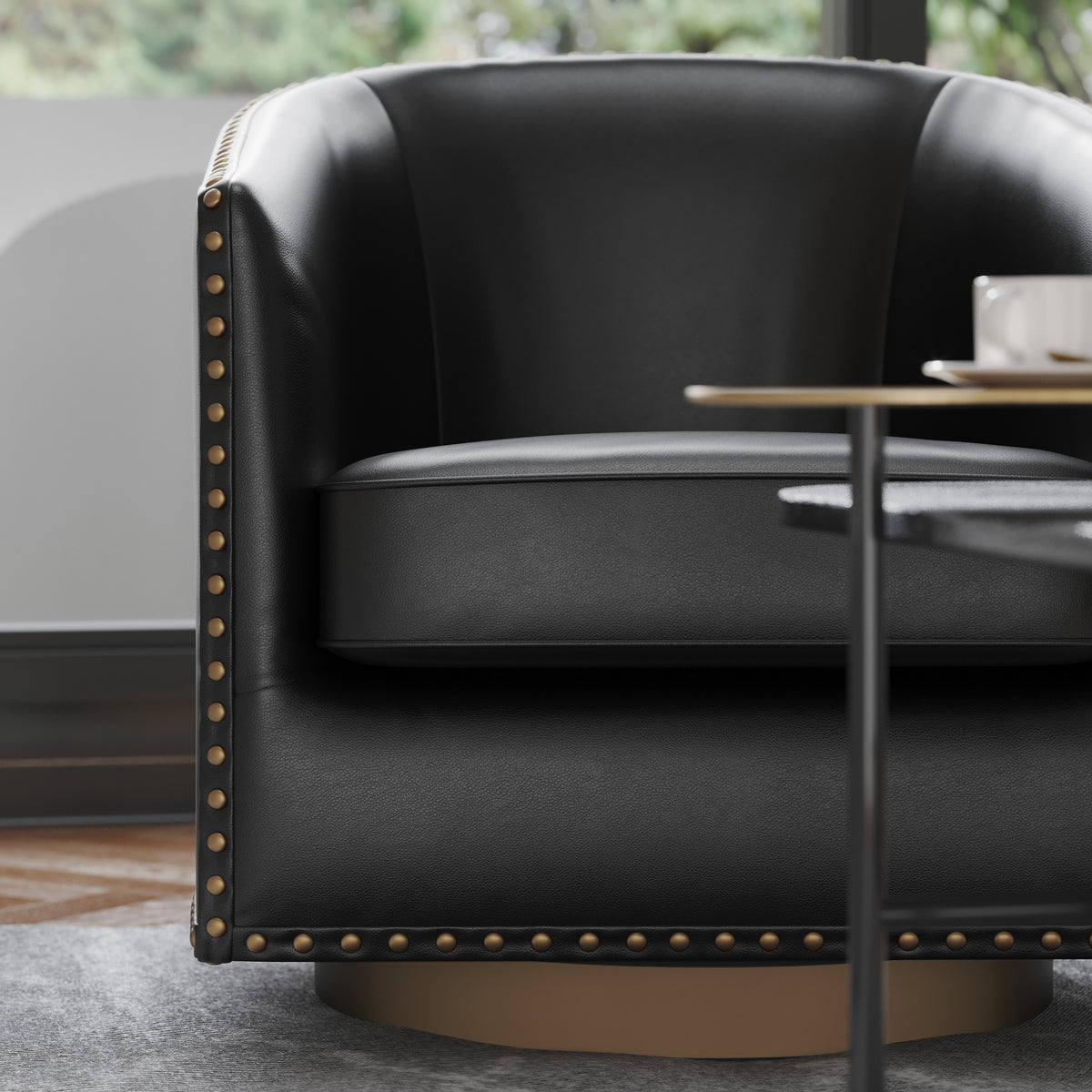 Myles Club Style Commercial Barrel Accent Armchair with 360° Swivel Metal Base and Upholstery with Decorative Nail Head Trim