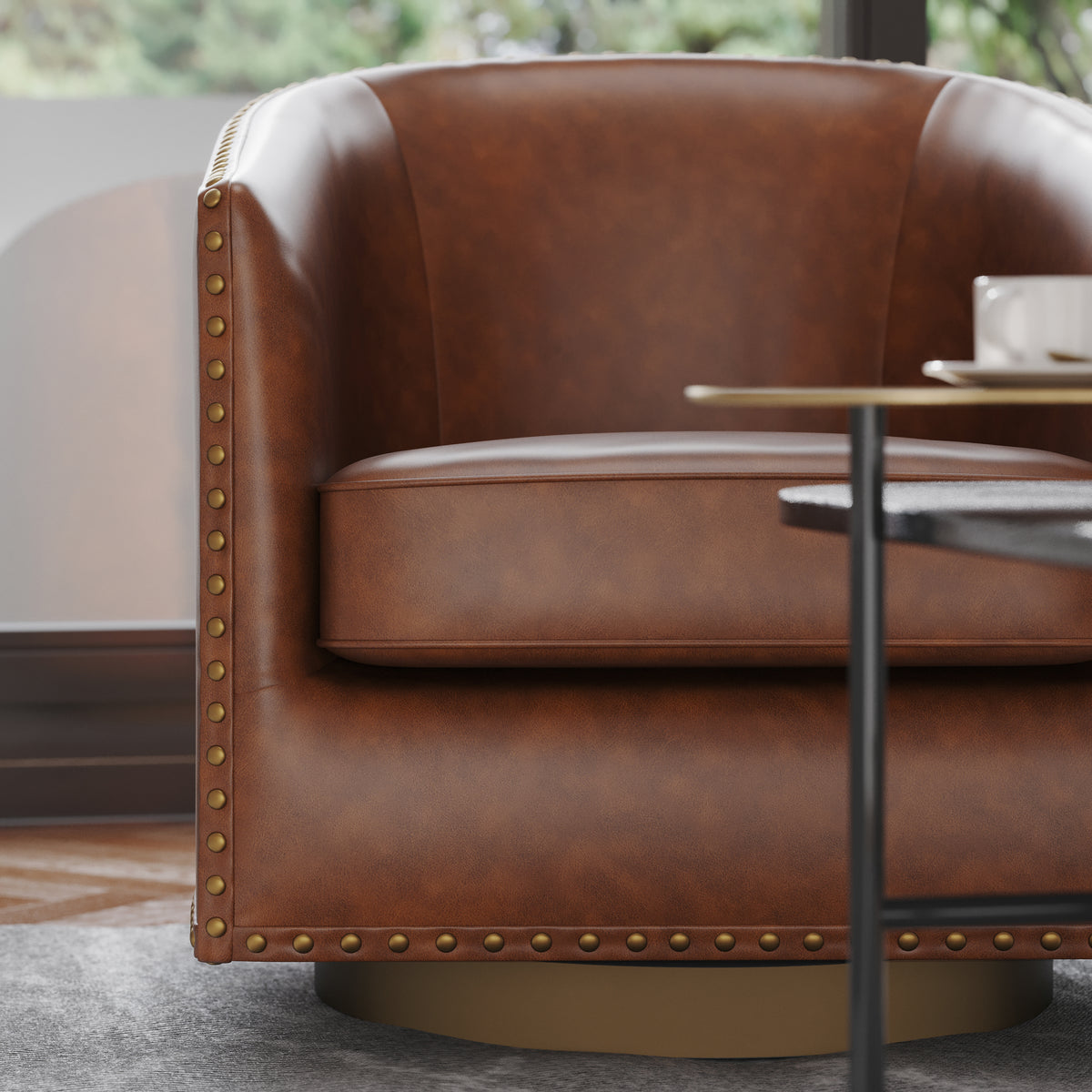 Myles Club Style Commercial Barrel Accent Armchair with 360° Swivel Metal Base and Upholstery with Decorative Nail Head Trim