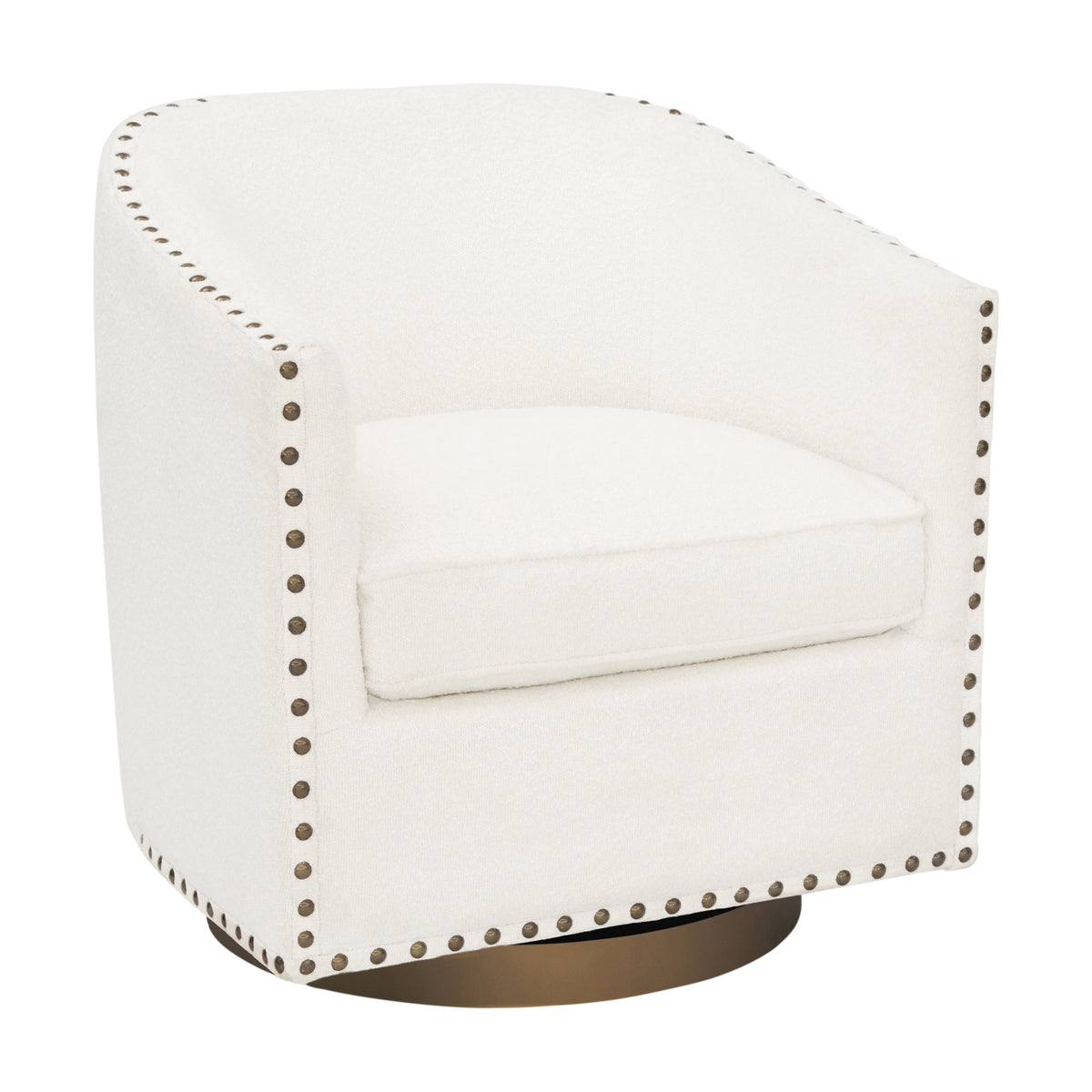 Myles Club Style Commercial Barrel Accent Armchair with 360° Swivel Metal Base and Upholstery with Decorative Nail Head Trim