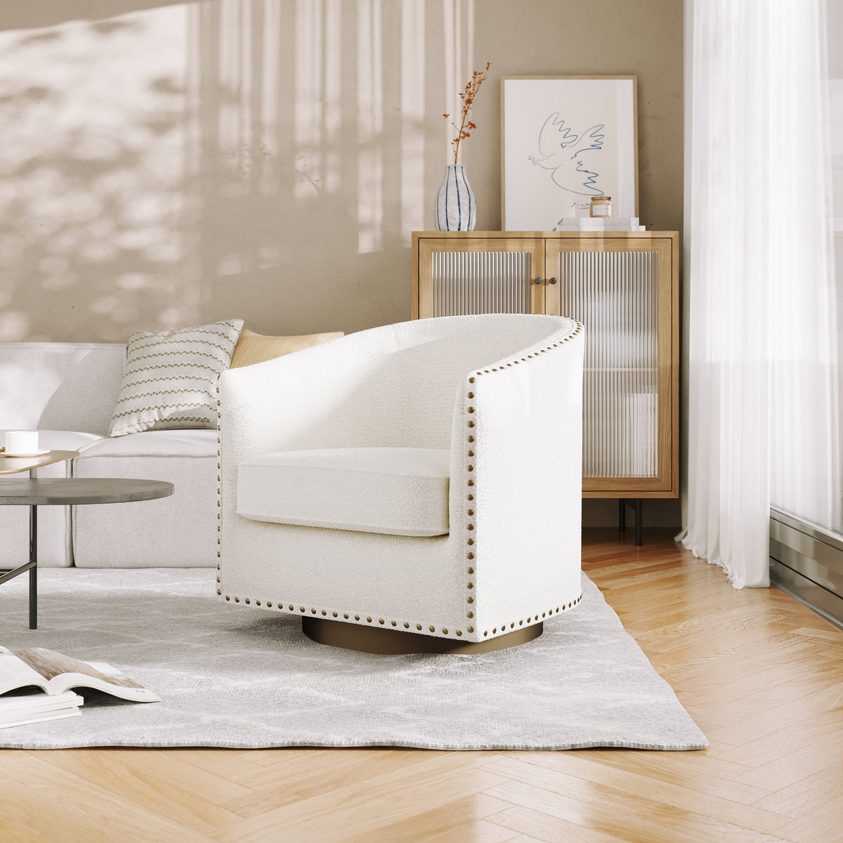 Myles Club Style Commercial Barrel Accent Armchair with 360° Swivel Metal Base and Upholstery with Decorative Nail Head Trim
