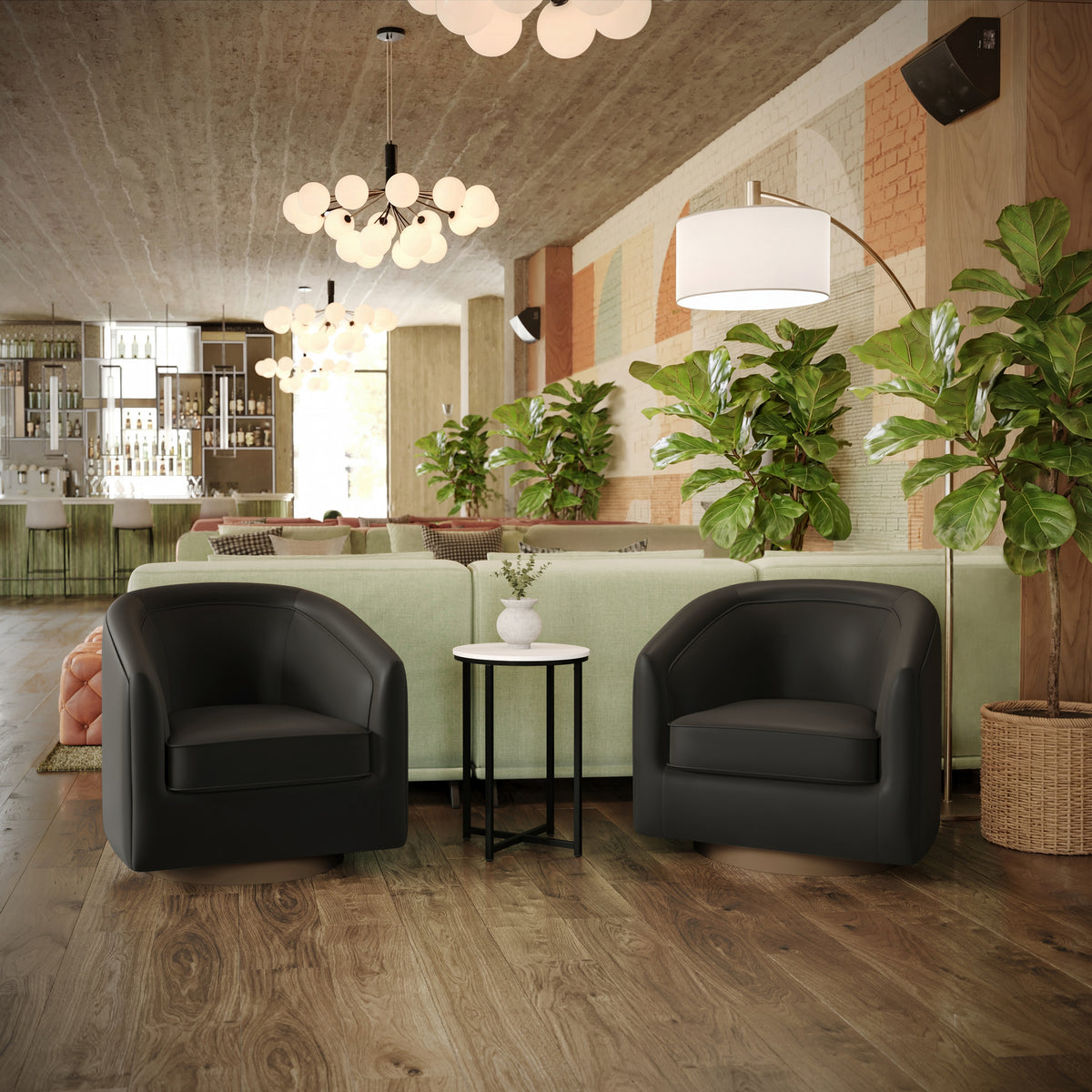 Dean Club Style Commercial Barrel Accent Armchair with 360 Degree Swivel Metal Base and Sloped Armrests