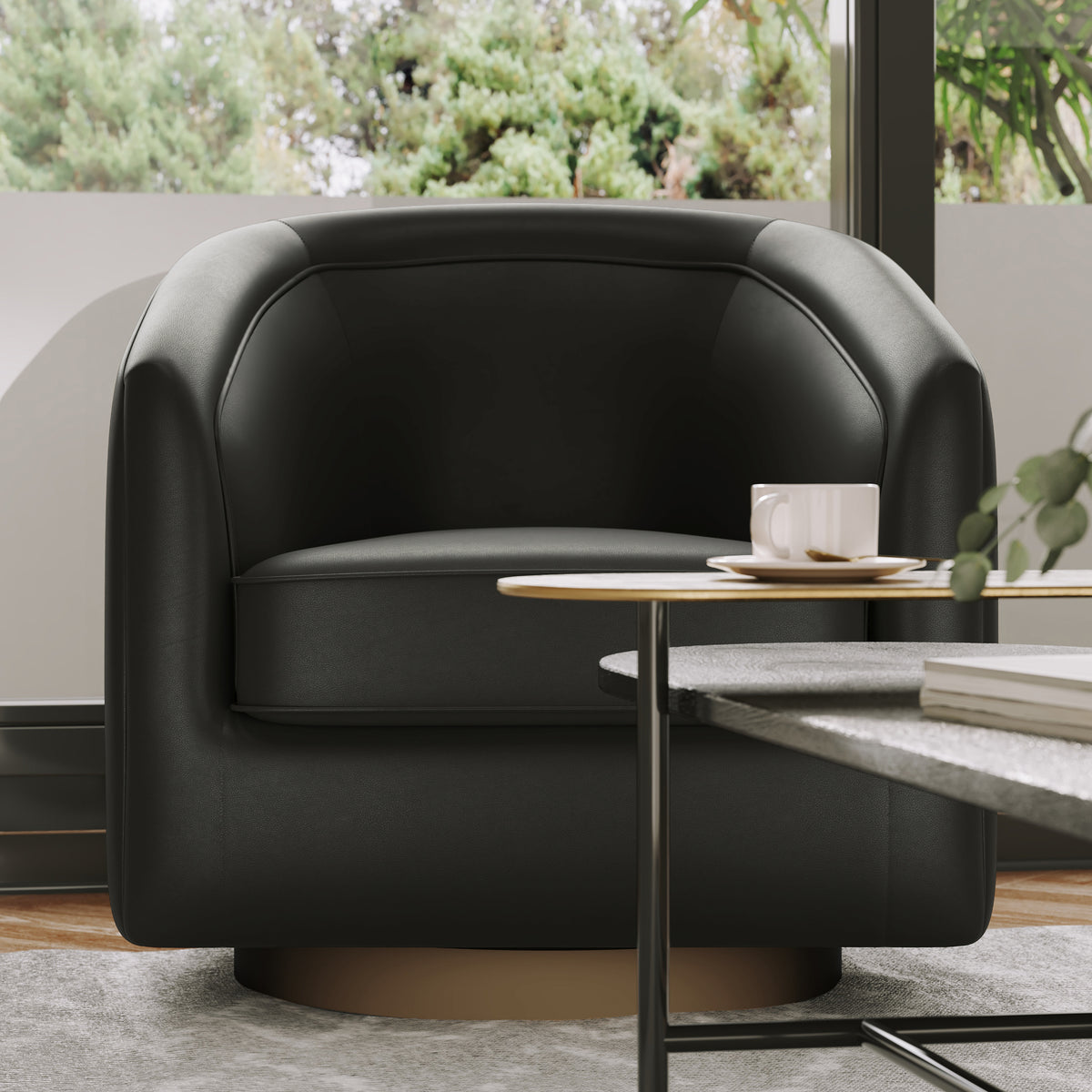 Dean Club Style Commercial Barrel Accent Armchair with 360 Degree Swivel Metal Base and Sloped Armrests