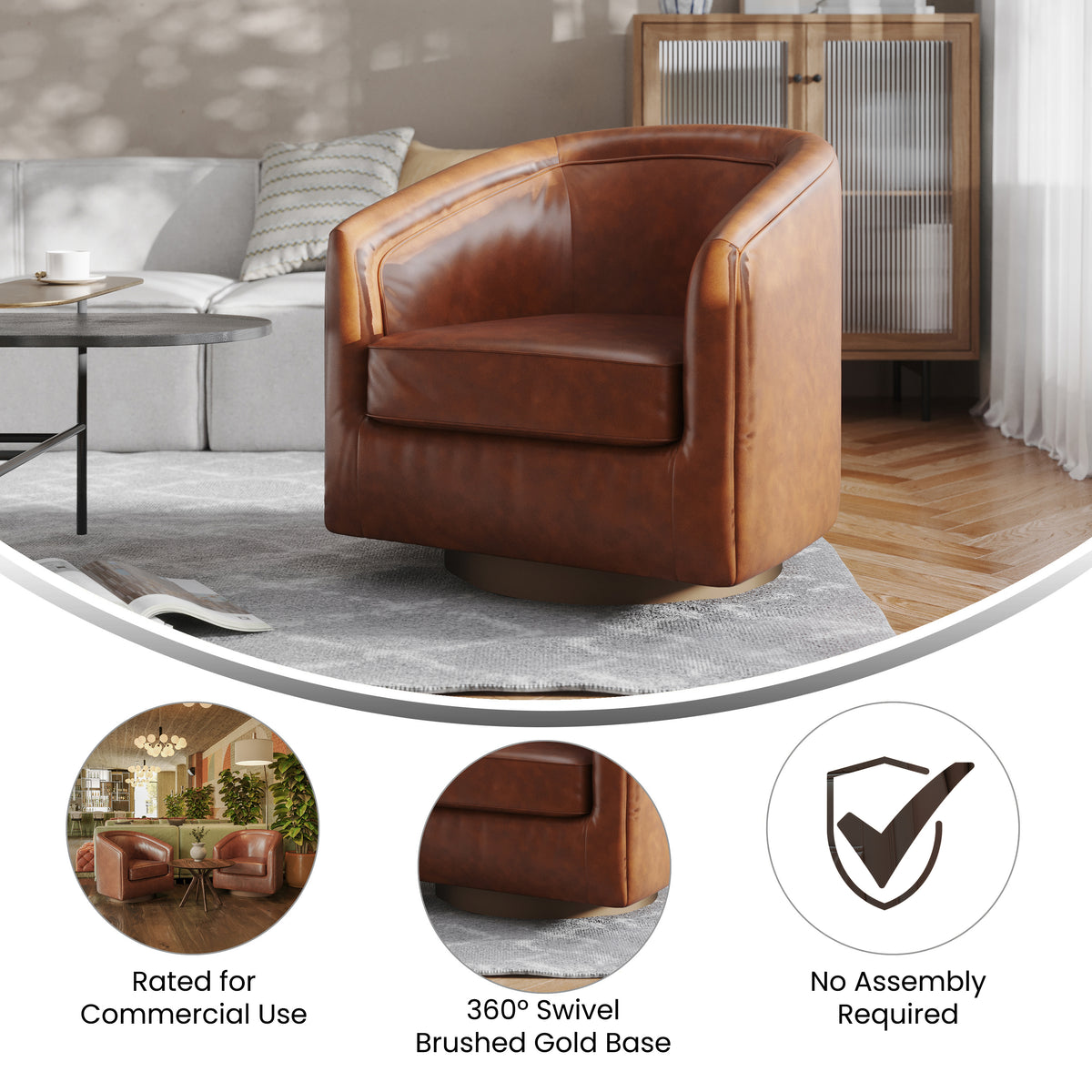Dean Club Style Commercial Barrel Accent Armchair with 360 Degree Swivel Metal Base and Sloped Armrests