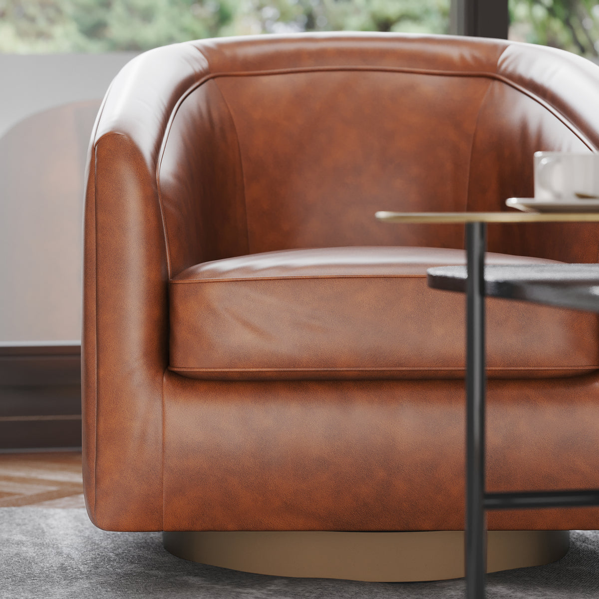 Dean Club Style Commercial Barrel Accent Armchair with 360 Degree Swivel Metal Base and Sloped Armrests
