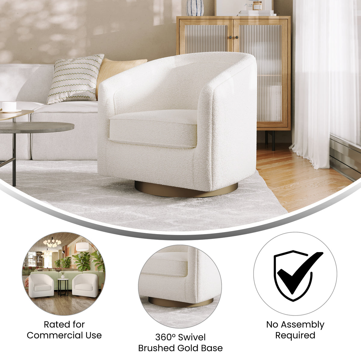 Dean Club Style Commercial Barrel Accent Armchair with 360 Degree Swivel Metal Base and Sloped Armrests