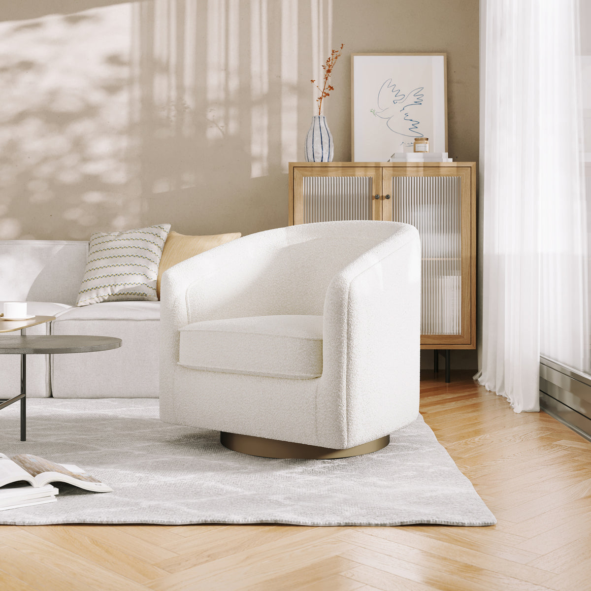 Dean Club Style Commercial Barrel Accent Armchair with 360 Degree Swivel Metal Base and Sloped Armrests