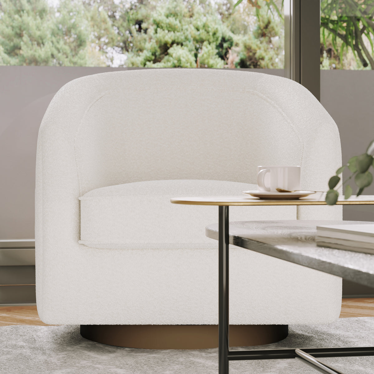 Dean Club Style Commercial Barrel Accent Armchair with 360 Degree Swivel Metal Base and Sloped Armrests