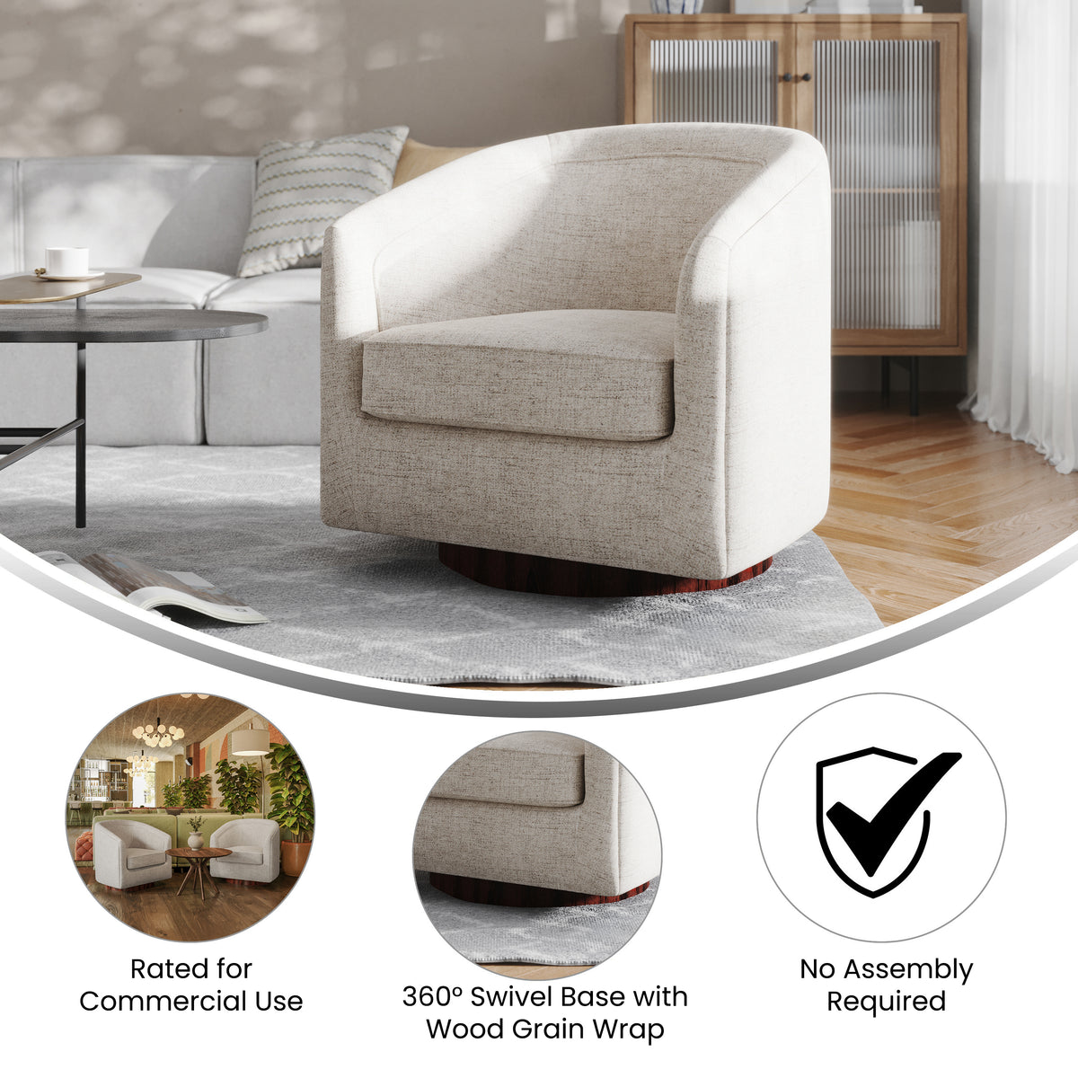 Dean Club Style Commercial Barrel Accent Armchair with 360 Degree Swivel Metal Base and Sloped Armrests