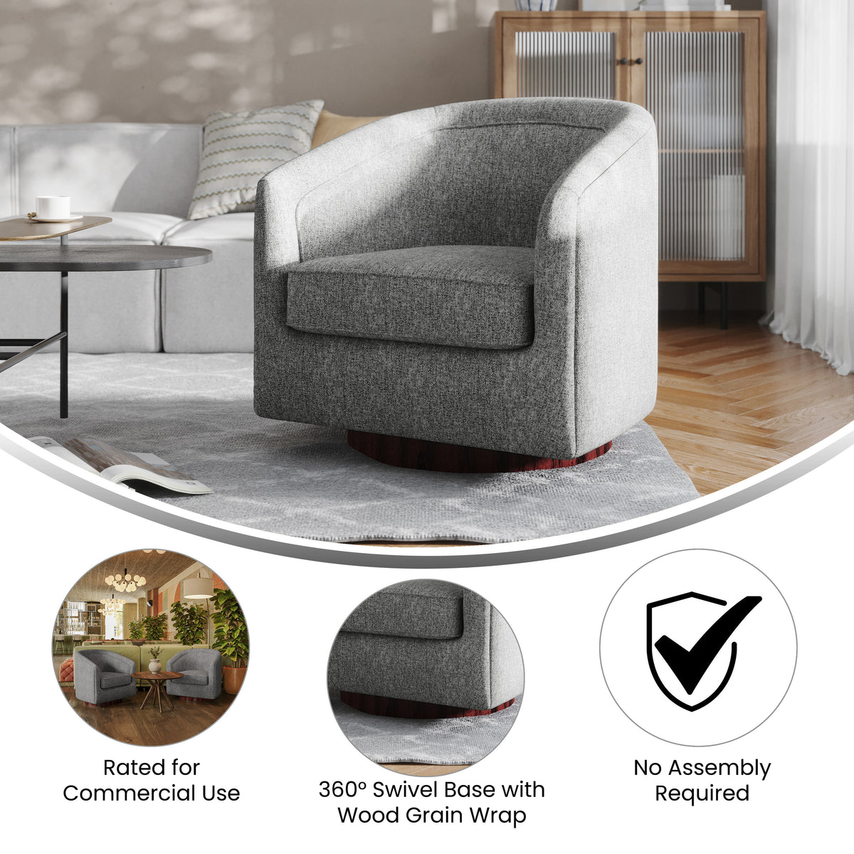 Dean Club Style Commercial Barrel Accent Armchair with 360 Degree Swivel Metal Base and Sloped Armrests