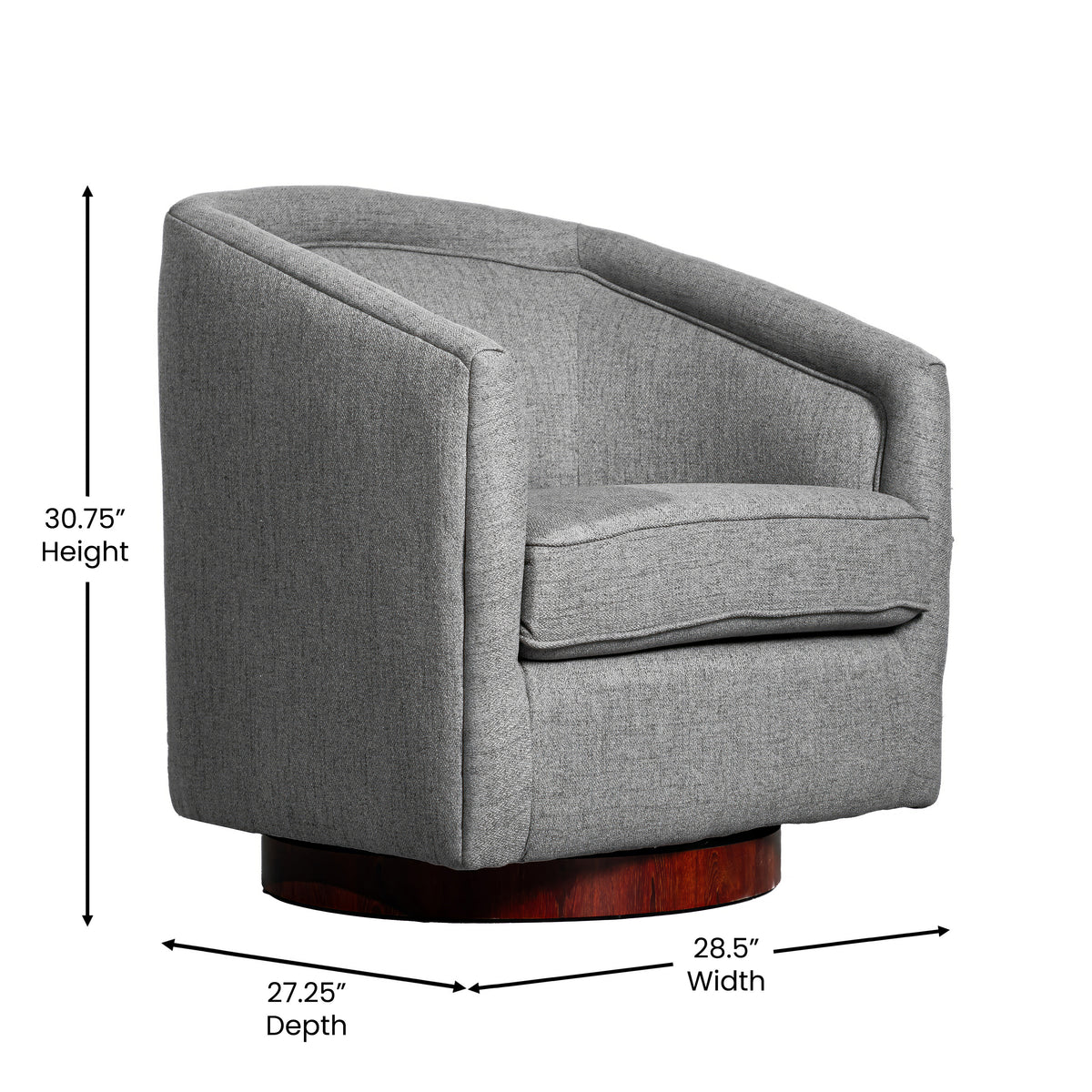 Dean Club Style Commercial Barrel Accent Armchair with 360 Degree Swivel Metal Base and Sloped Armrests