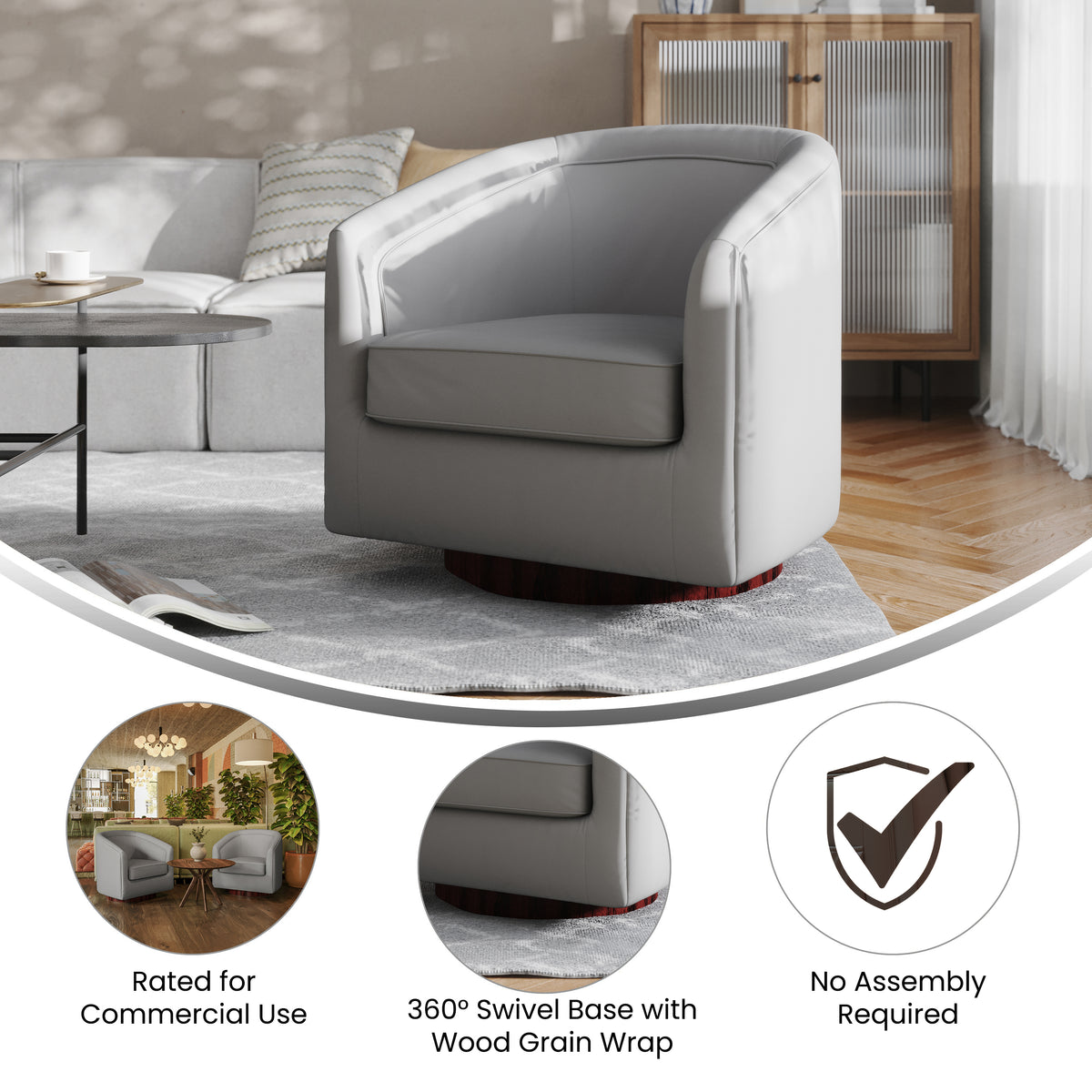 Dean Club Style Commercial Barrel Accent Armchair with 360 Degree Swivel Metal Base and Sloped Armrests