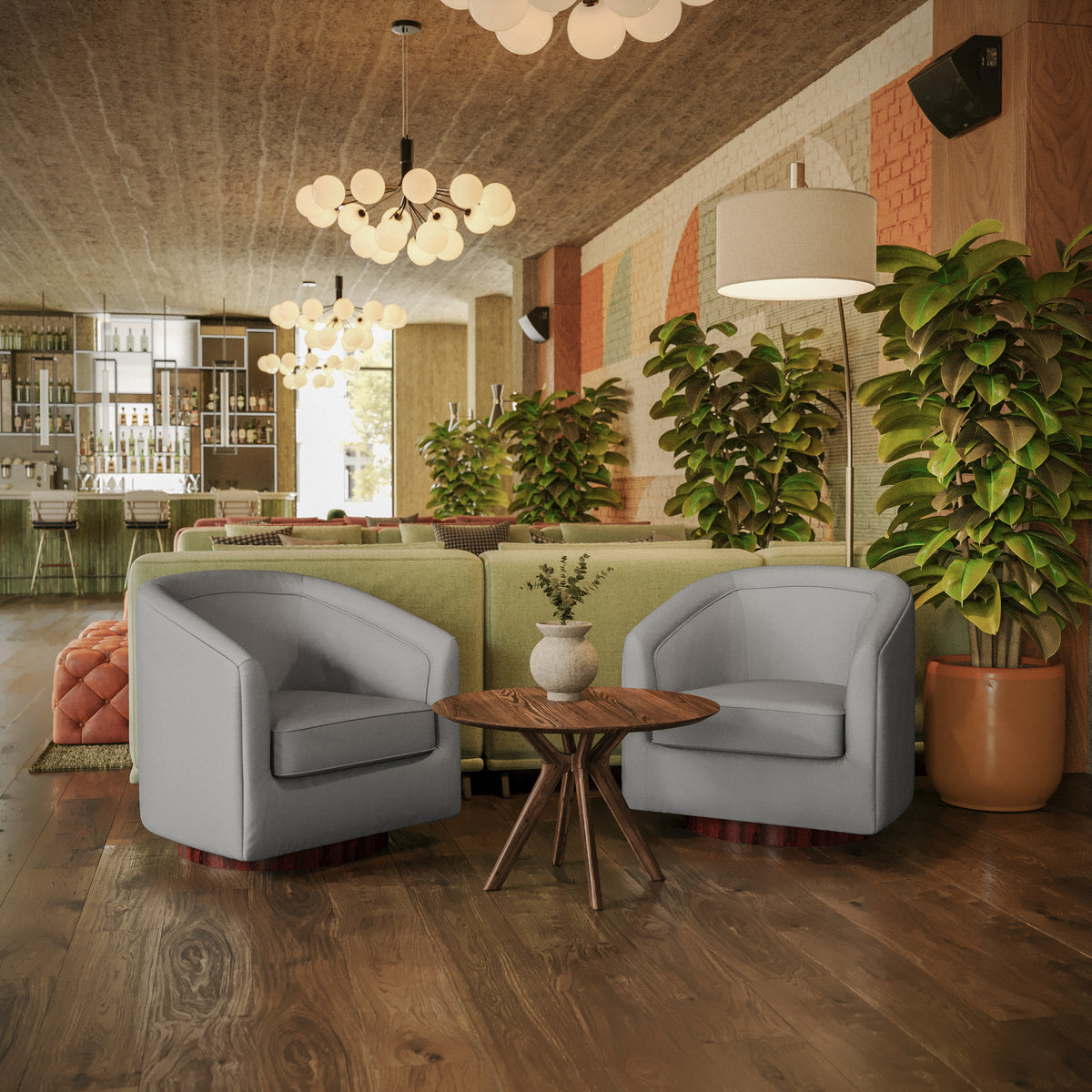 Dean Club Style Commercial Barrel Accent Armchair with 360 Degree Swivel Metal Base and Sloped Armrests