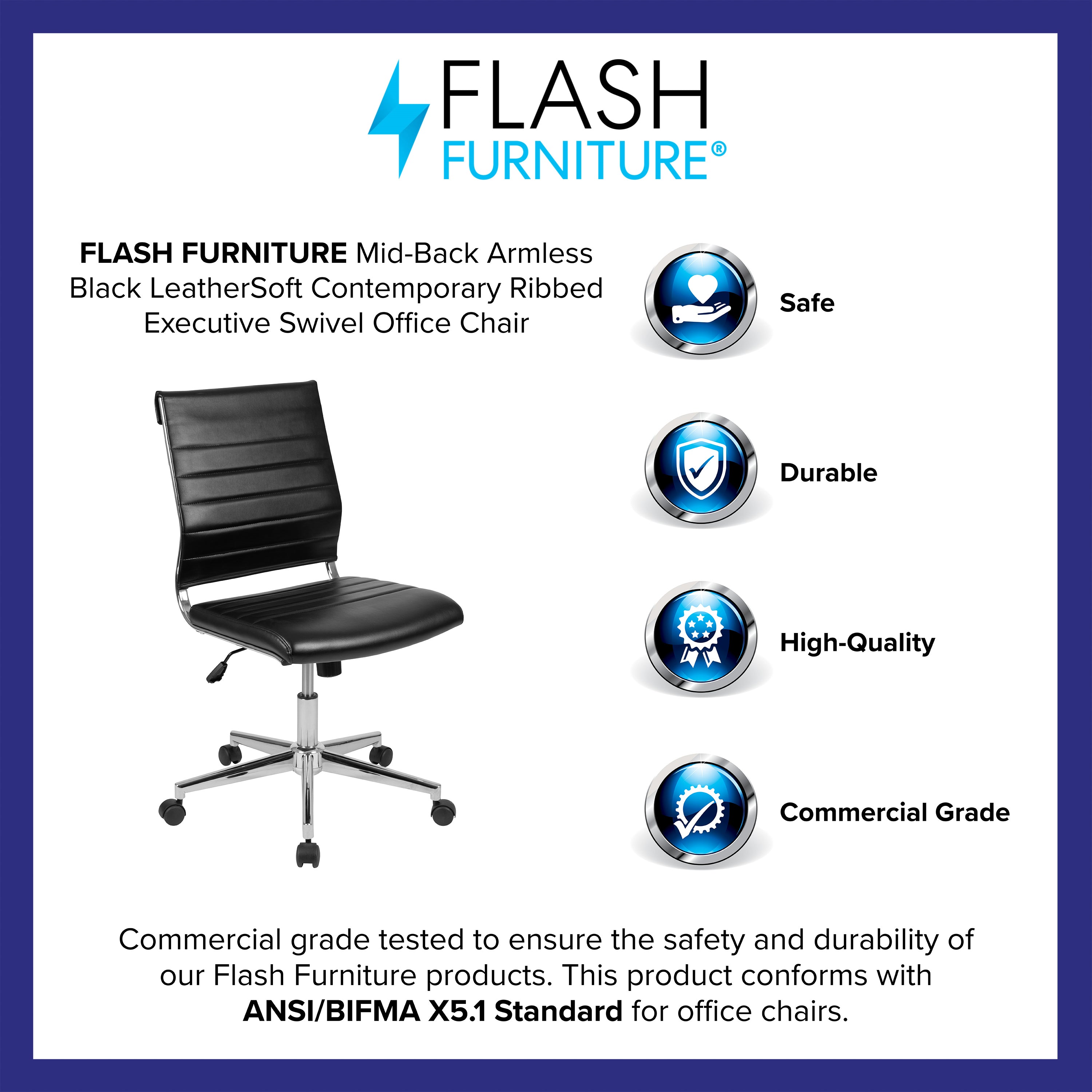 Mid-Back Armless LeatherSoft Contemporary Ribbed Executive Swivel Office Chair