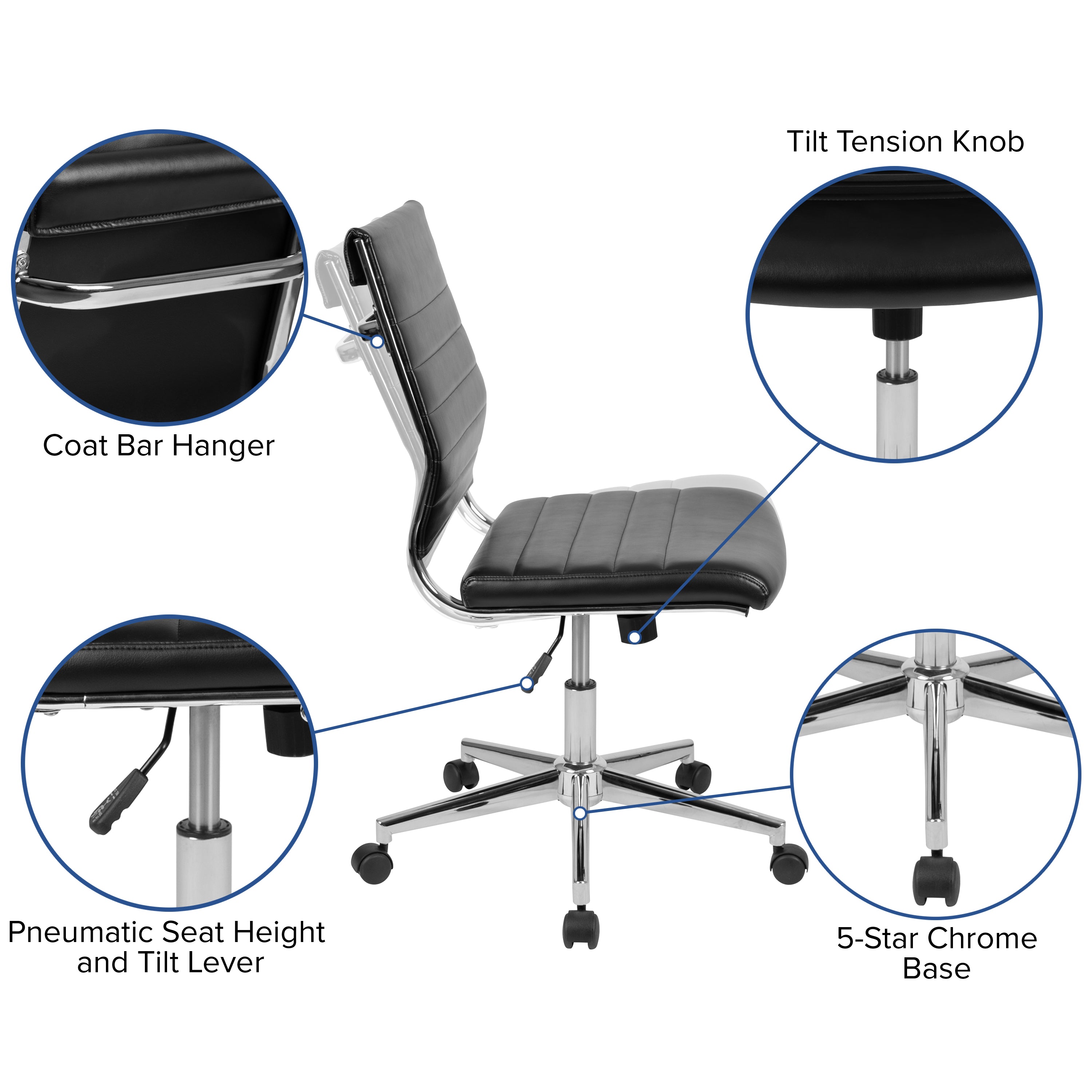 Mid-Back Armless LeatherSoft Contemporary Ribbed Executive Swivel Office Chair