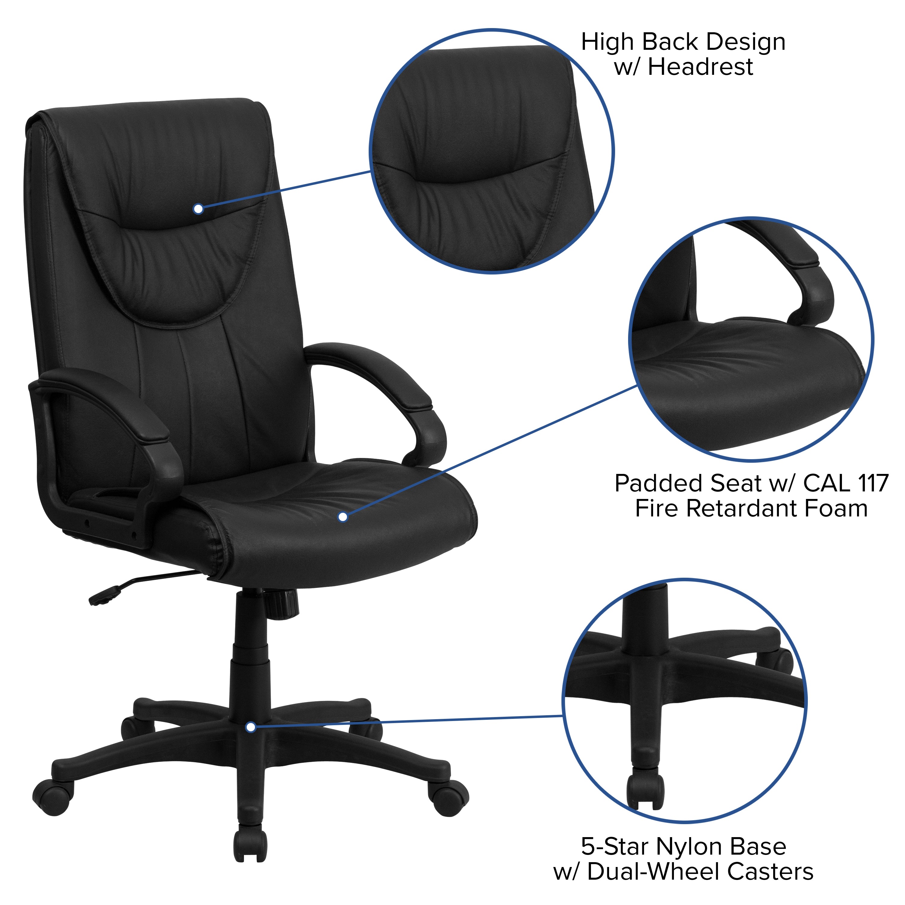 High Back Leather Executive Swivel Office Chair with Distinct Headrest and Arms-Office Chair-Flash Furniture-Wall2Wall Furnishings