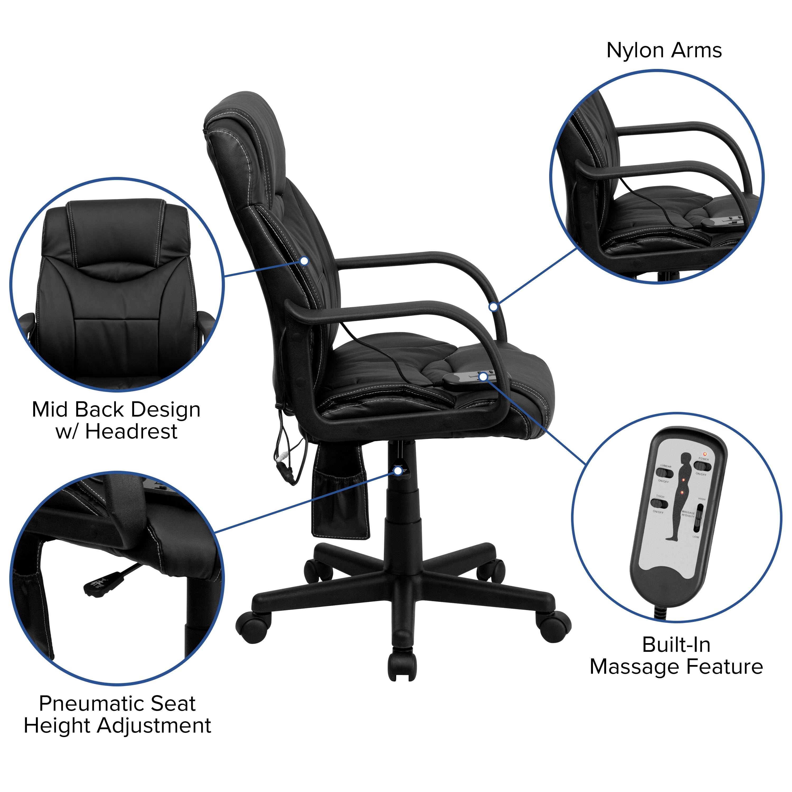 High Back Ergonomic Massaging LeatherSoft Executive Swivel Office Chair with Arms