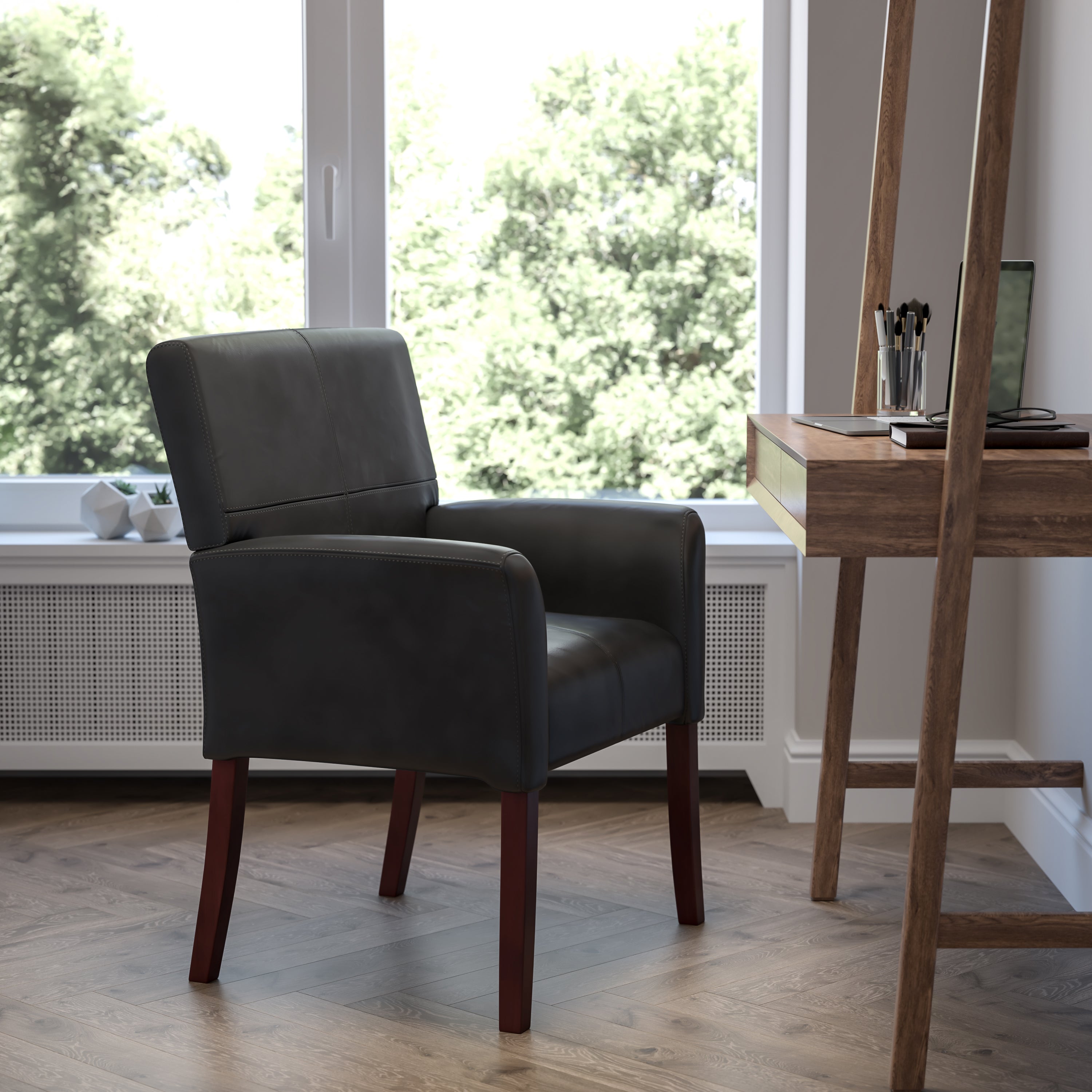 LeatherSoft Executive Side Reception Chair with Mahogany Legs