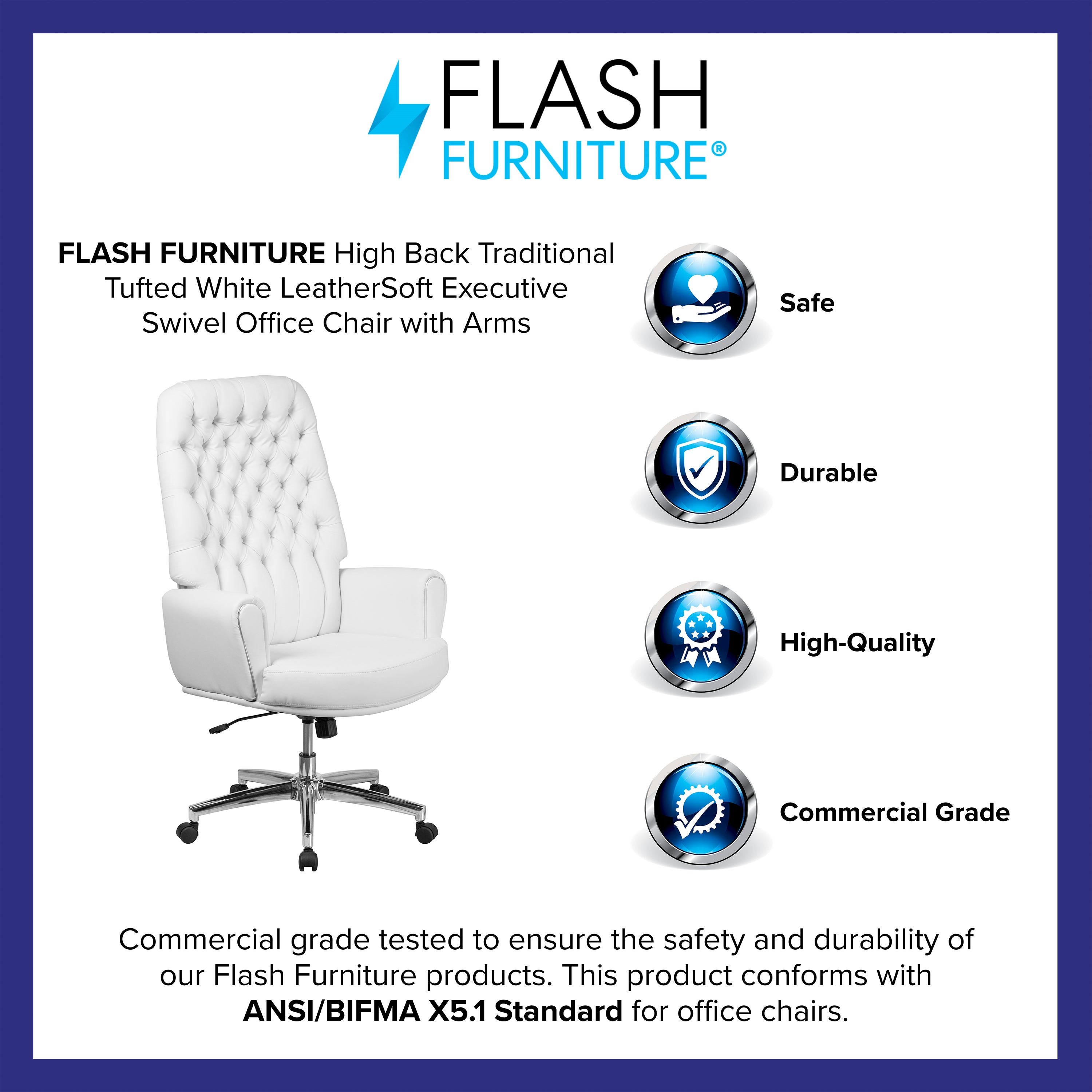 High Back Traditional Tufted LeatherSoft Executive Swivel Office Chair with Silver Welt Arms