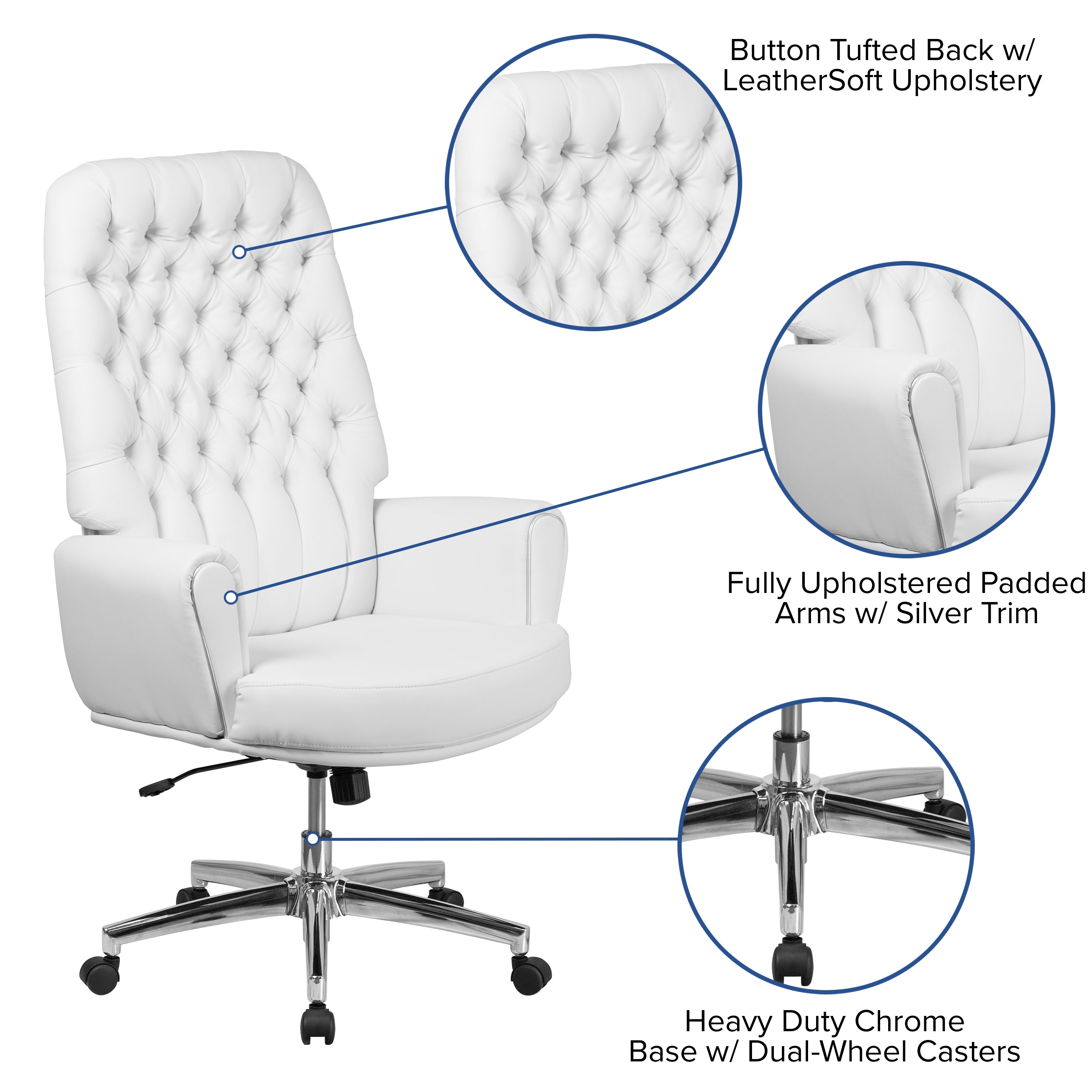 High Back Traditional Tufted LeatherSoft Executive Swivel Office Chair with Silver Welt Arms