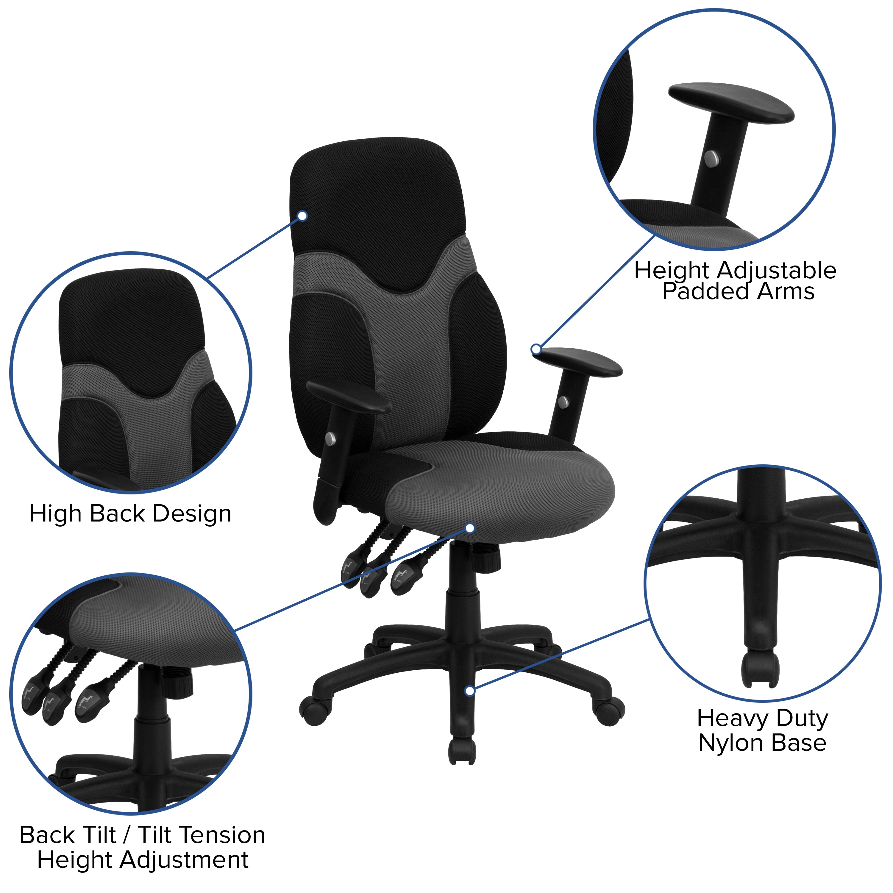 High Back Ergonomic Two-Tone Mesh Swivel Task Office Chair with Adjustable Arms-Office Chair-Flash Furniture-Wall2Wall Furnishings