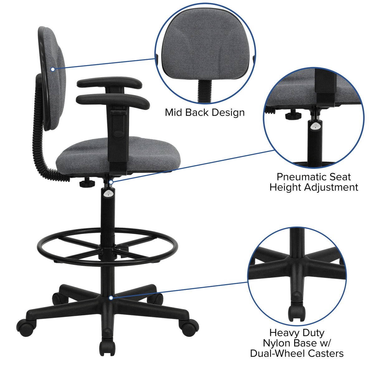 Fabric Drafting Chair with Adjustable Arms (Cylinders: 22.5''-27''H or 26''-30.5''H)