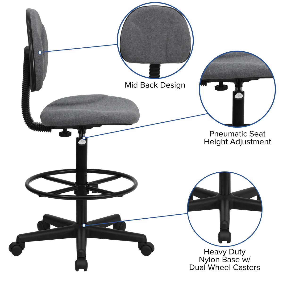 Bruce Adjustable Height Drafting Chair with Adjustable Foot Ring