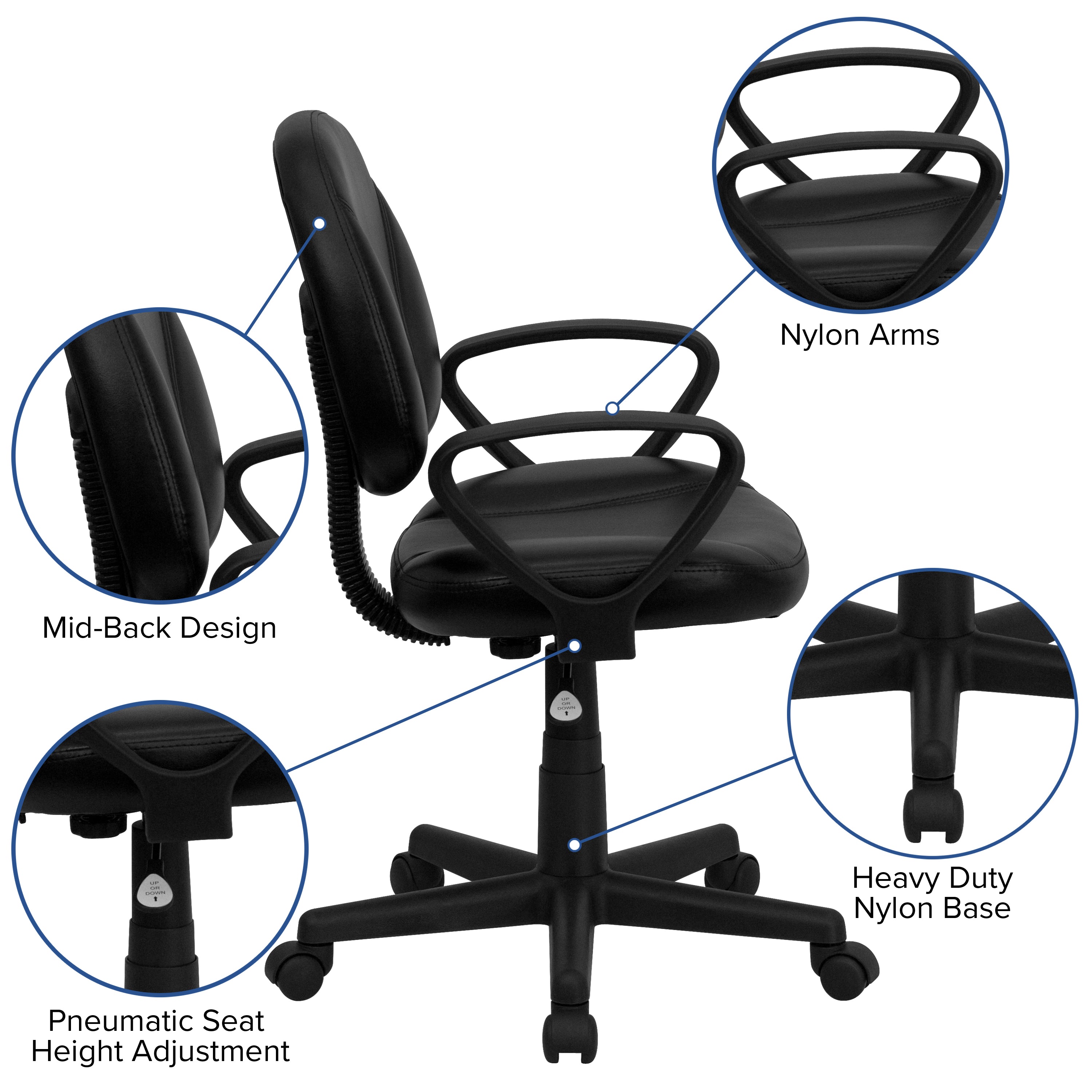 Mid-Back LeatherSoft Swivel Ergonomic Task Office Chair with Back Depth Adjustment and Arms