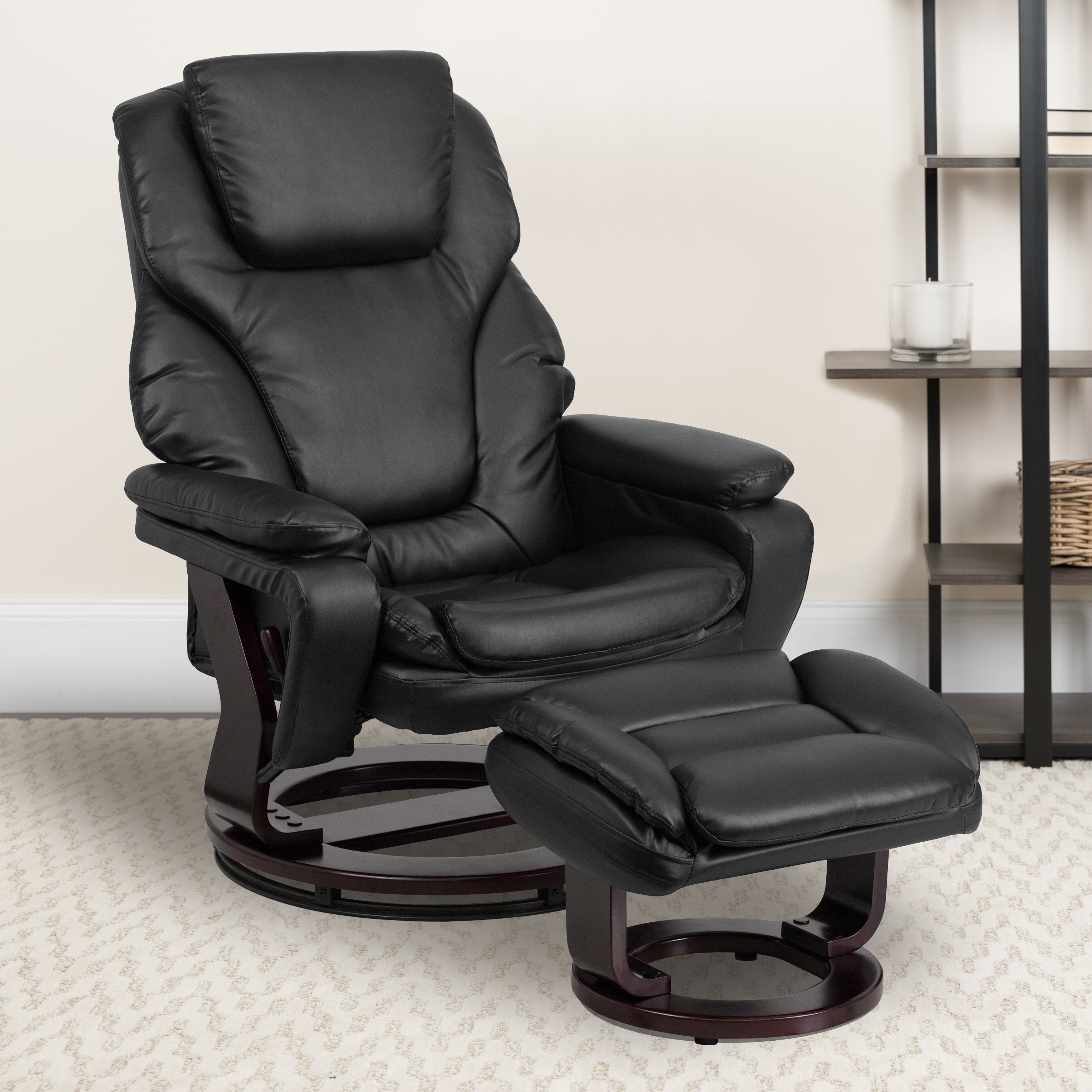 Contemporary Recliner and Ottoman with Swiveling Mahogany Wood Base-Office Recliner-Flash Furniture-Wall2Wall Furnishings
