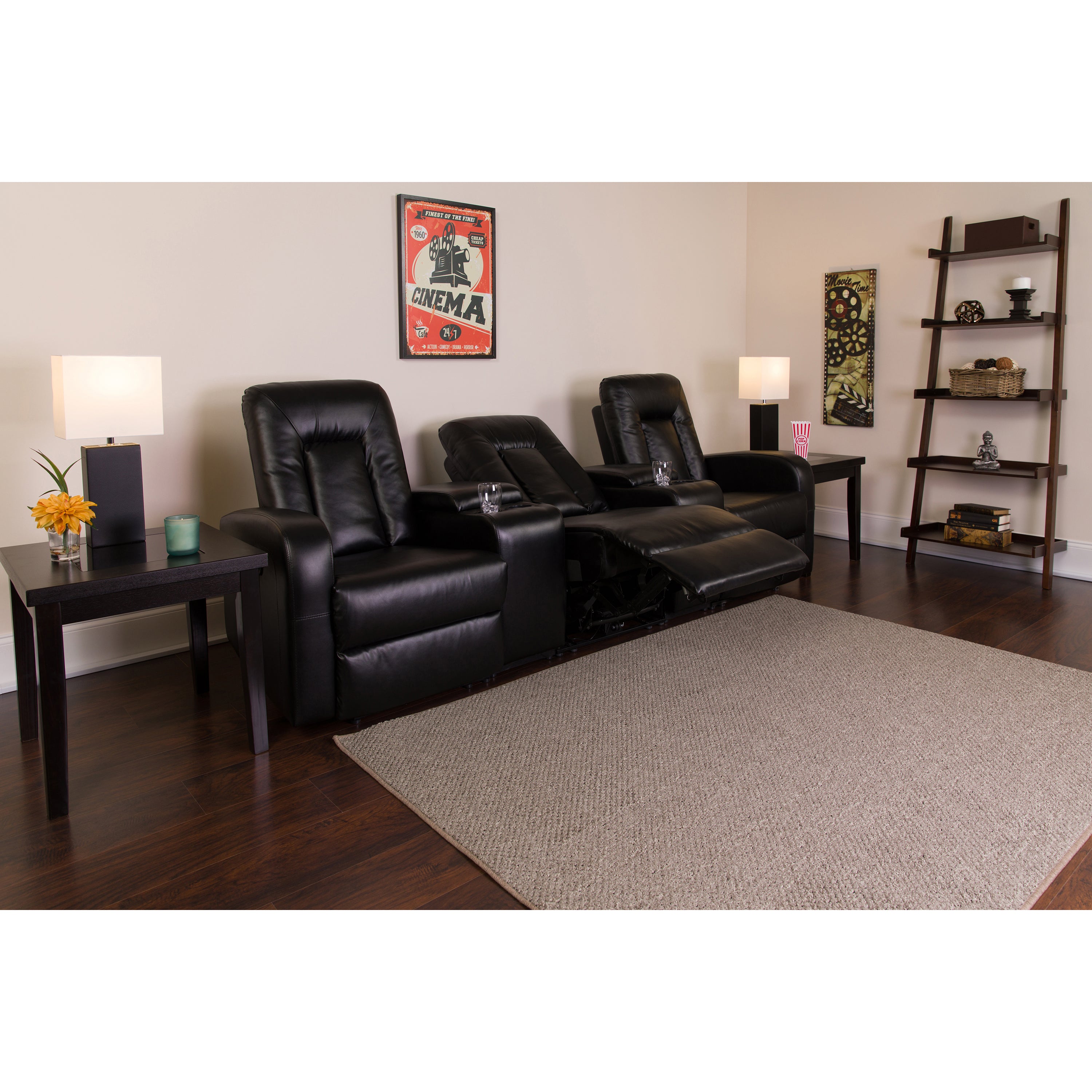 Eclipse Series 3-Seat Push Back Reclining Black LeatherSoft Theater Seating Unit with Cup Holders-Theater Seating-Flash Furniture-Wall2Wall Furnishings
